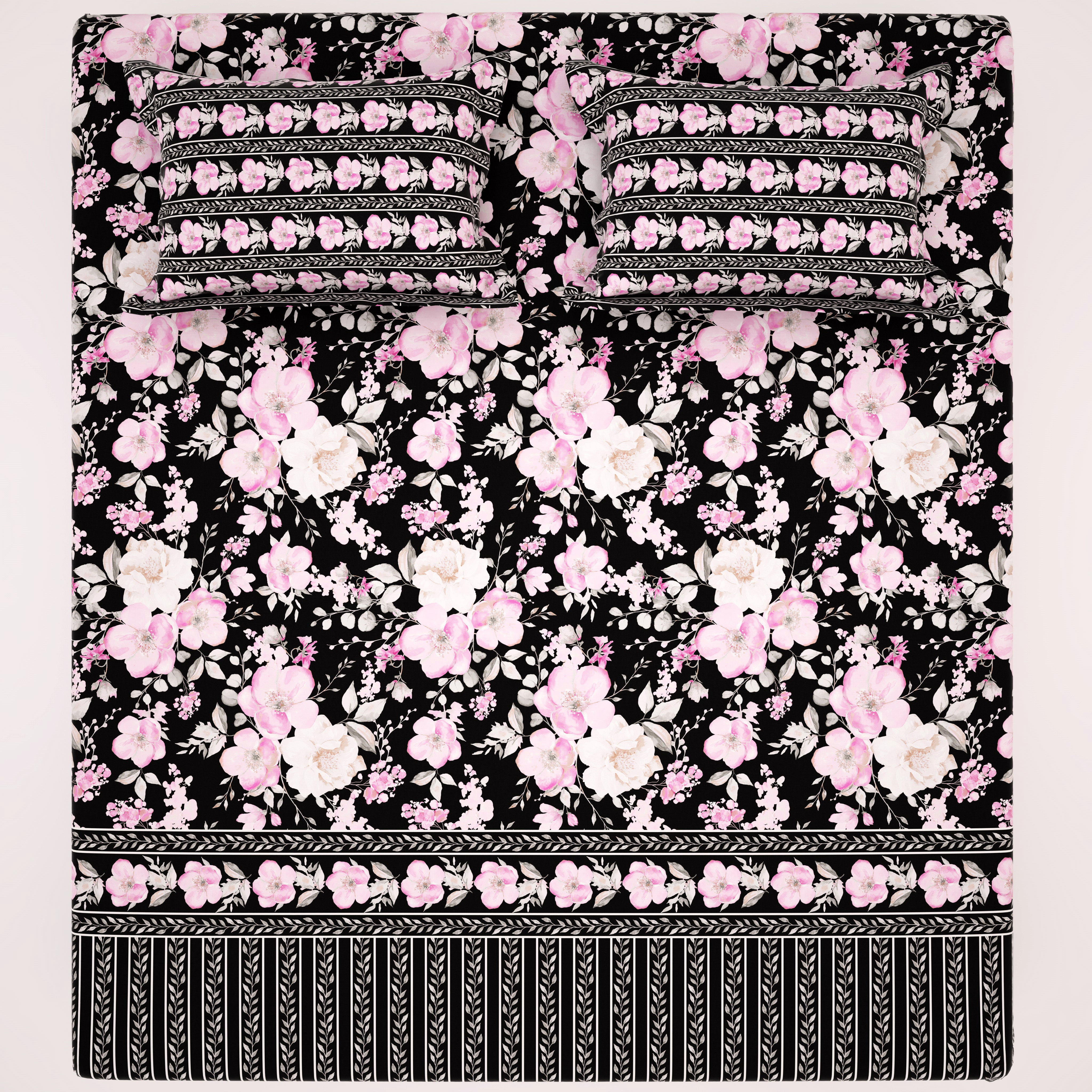 Xara Black/Pink Floral Striped Bed Sheet Set - 8129-8130