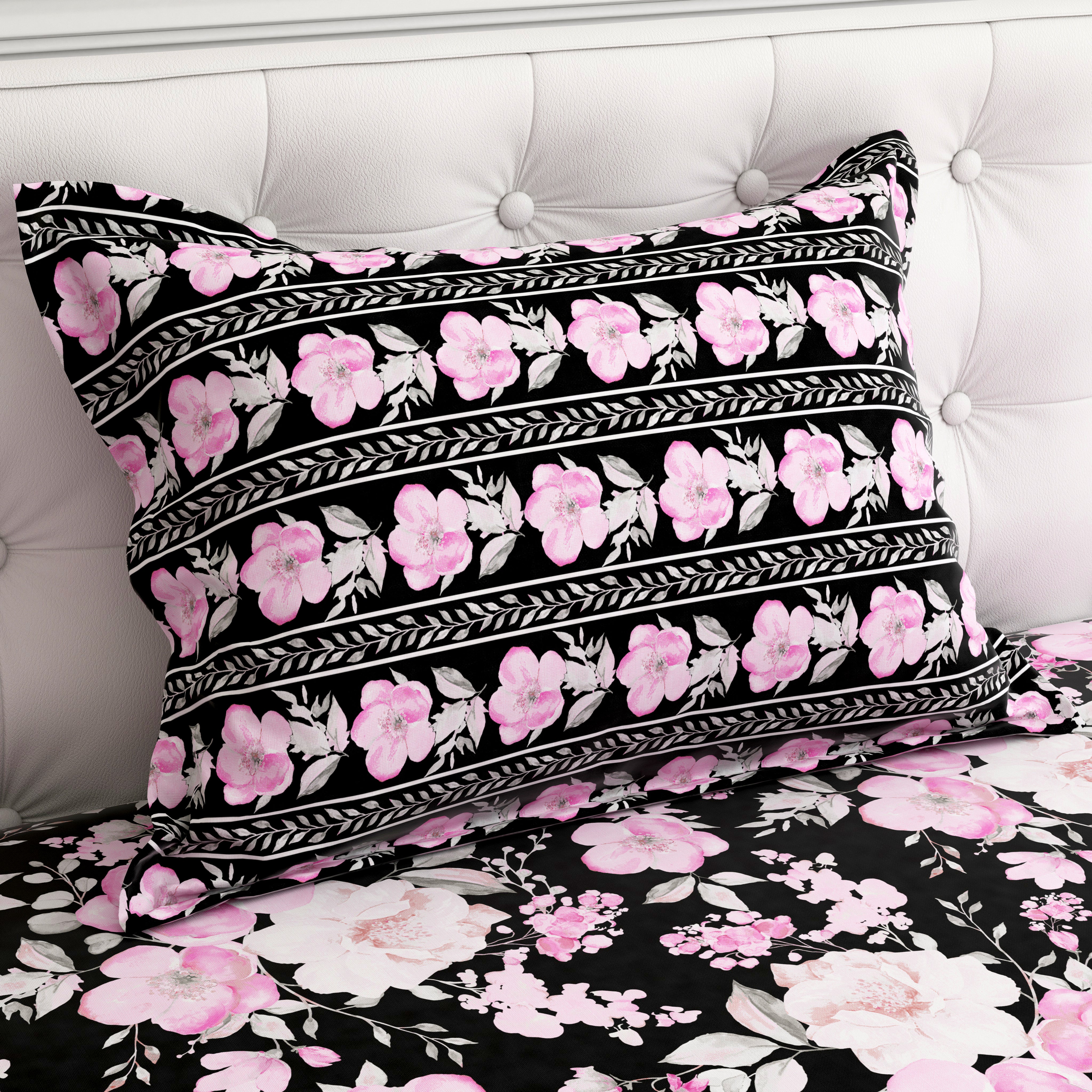 Xara Black/Pink Floral Striped Bed Sheet Set - 8129-8130