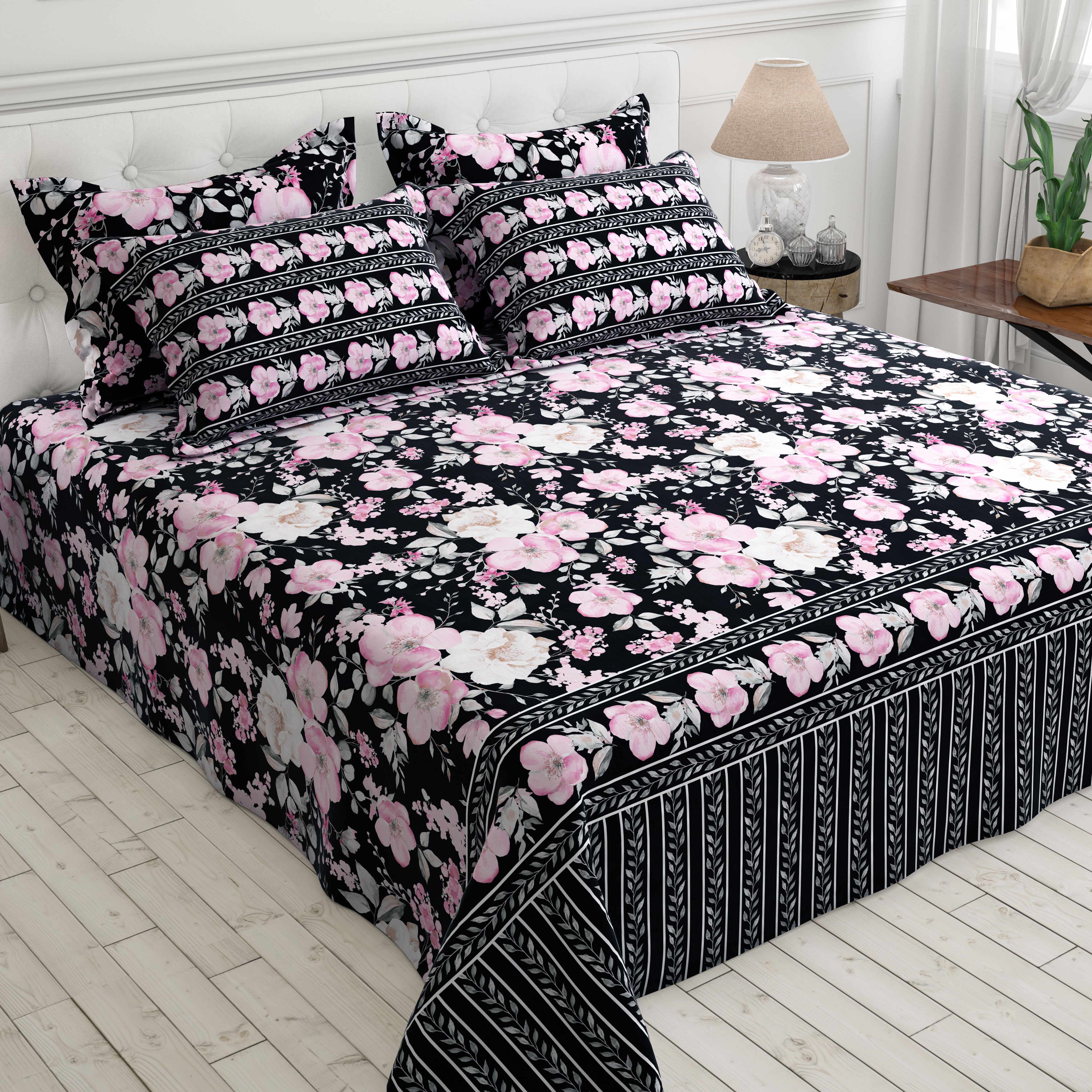 Xara Black/Pink Floral Striped Bed Sheet Set - 8129-8130