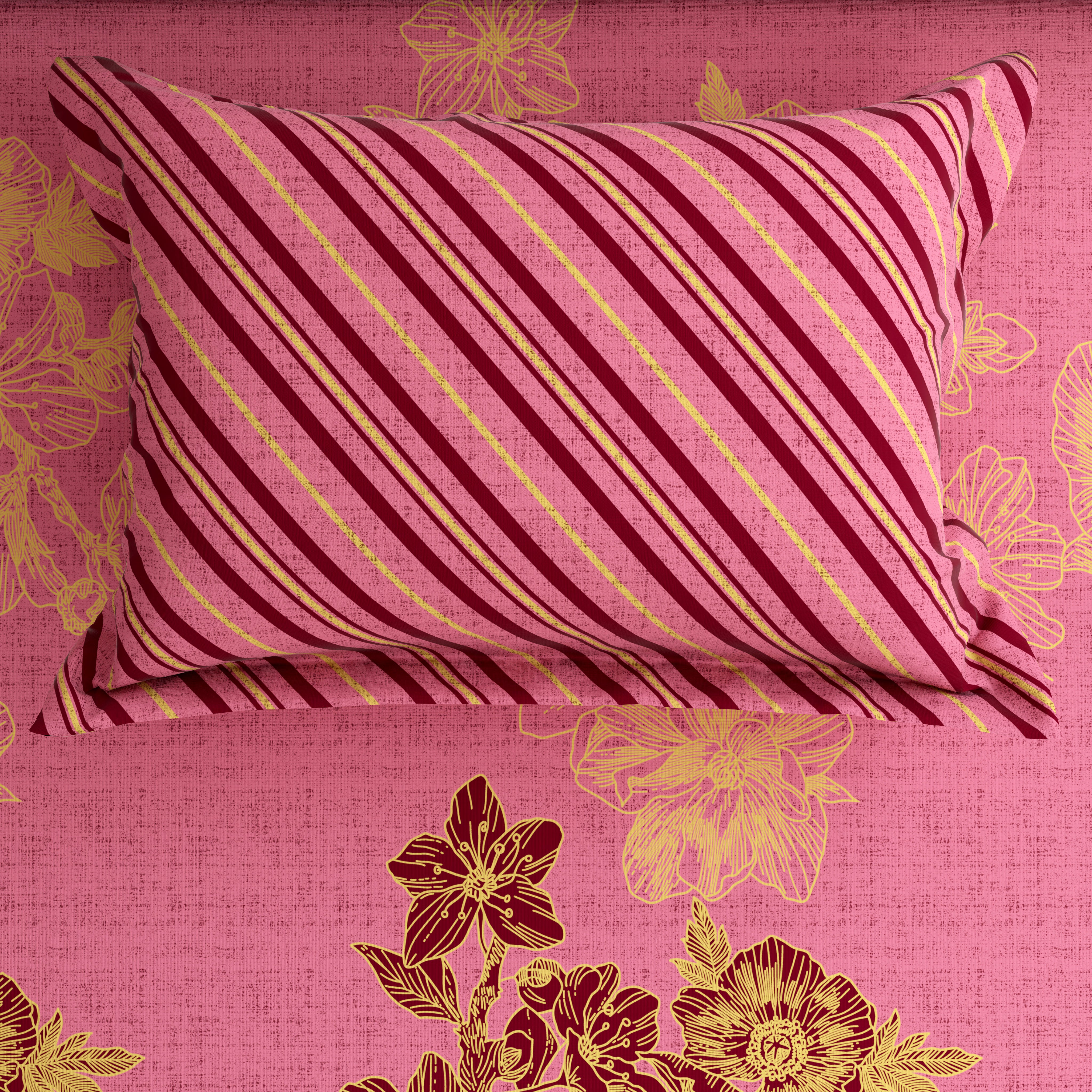 Xara Pink Floral Stripe Bed Sheet Set - 8143-8144