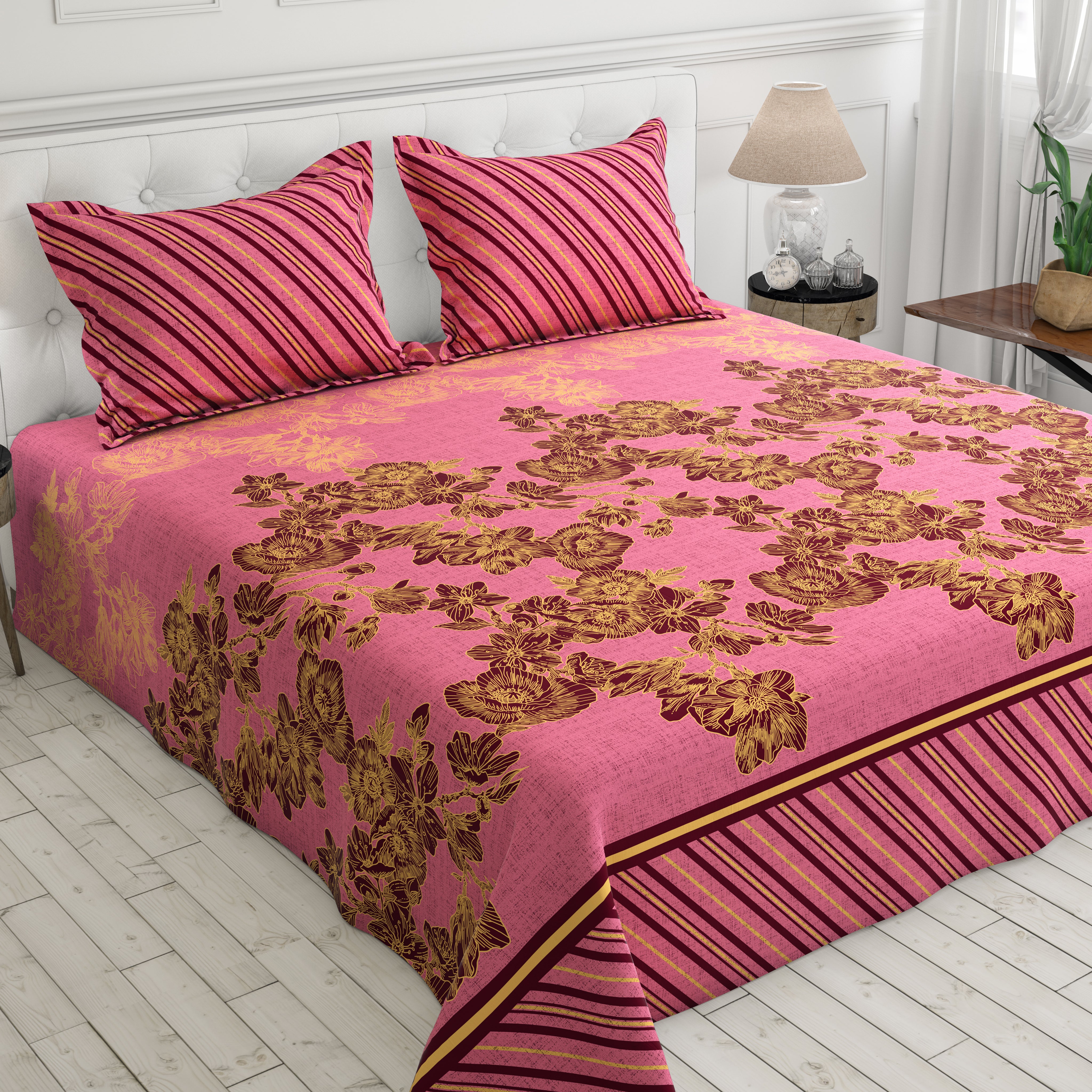 Xara Pink Floral Stripe Bed Sheet Set - 8143-8144