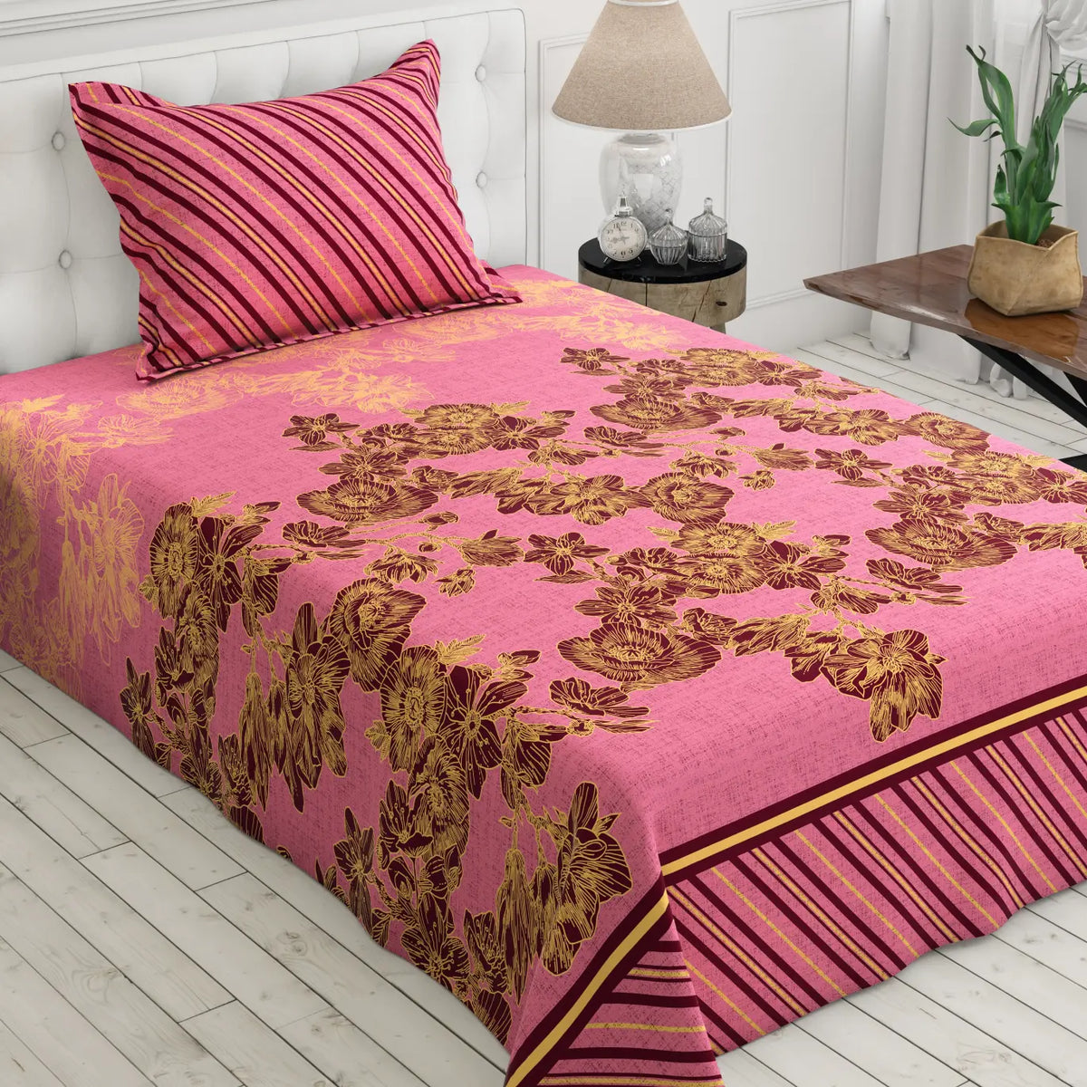 Xara Pink Floral Stripe Bed Sheet Set - 8143-8144