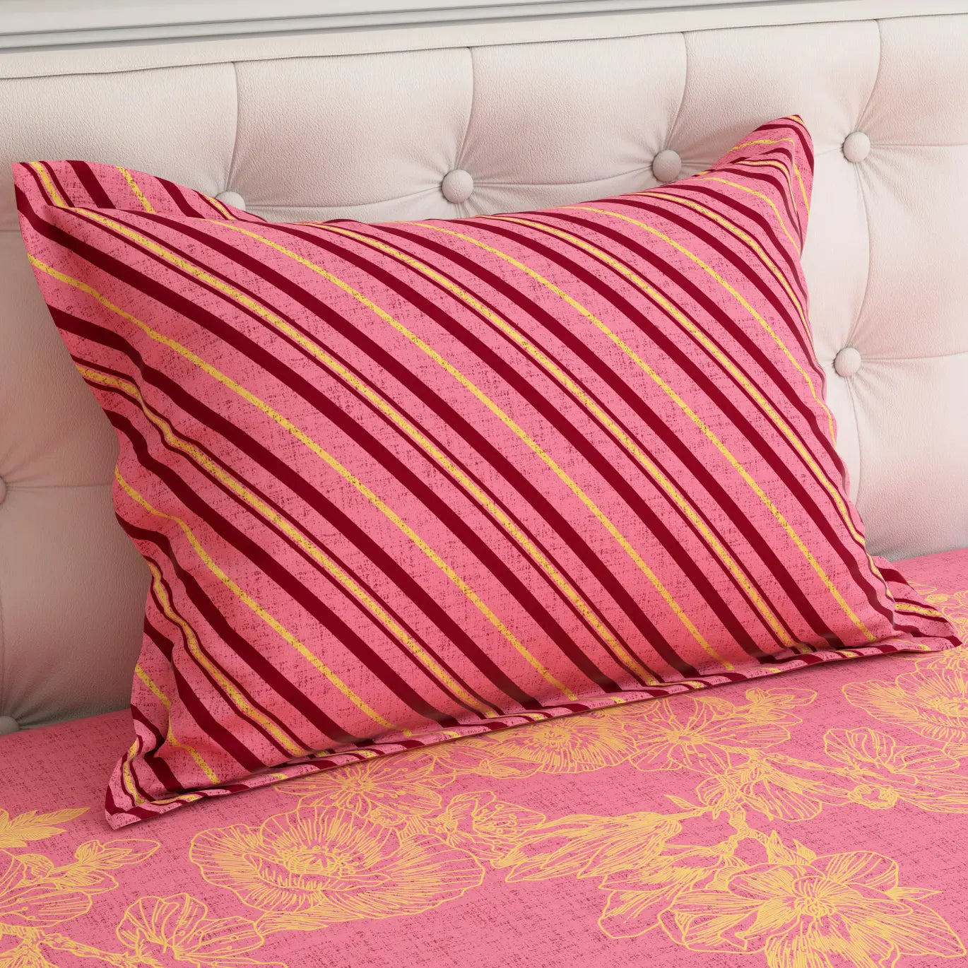 Xara Pink Floral Stripe Bed Sheet Set - 8143-8144