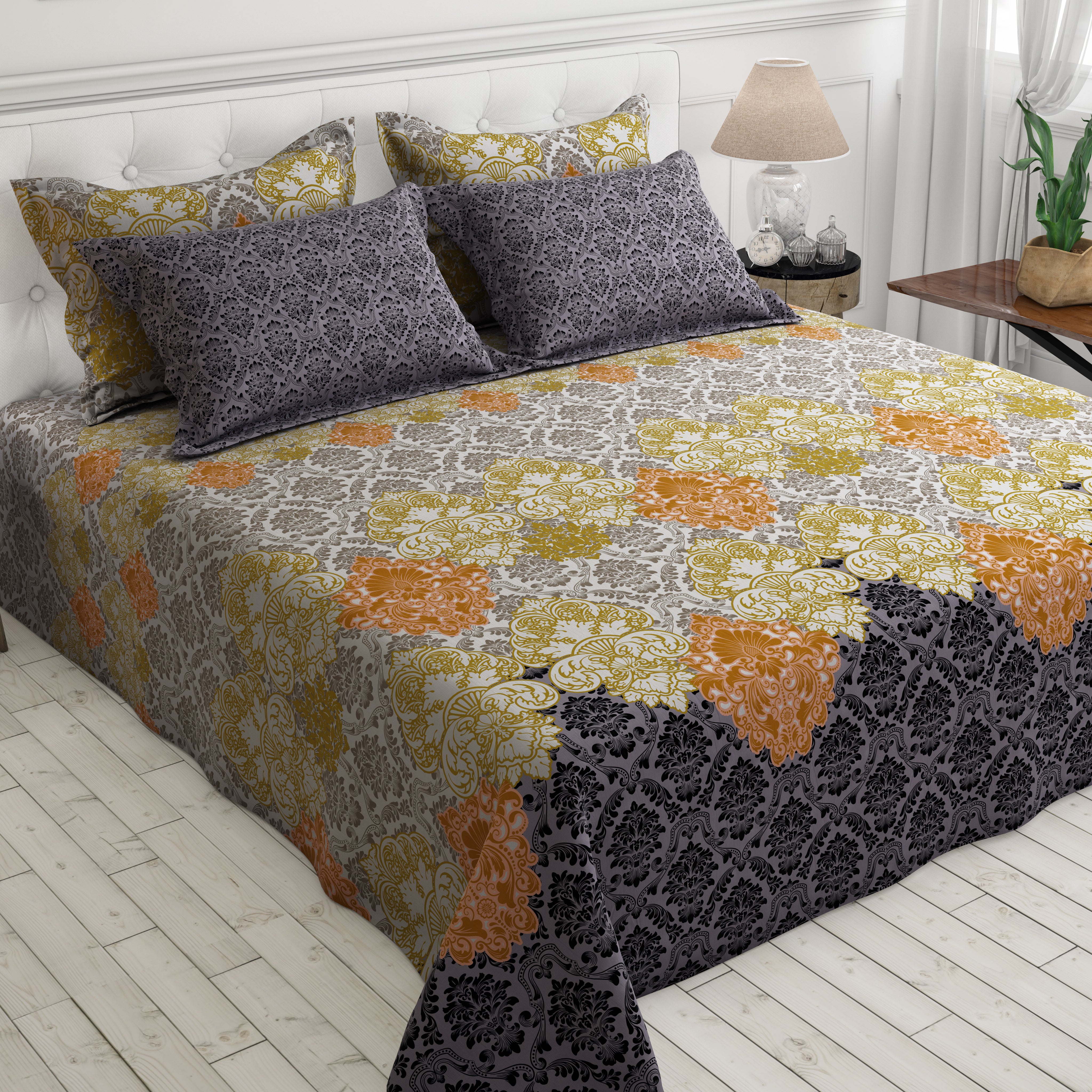 Xara Grey Damask Geometric Bed Sheet Set - 8159-8160