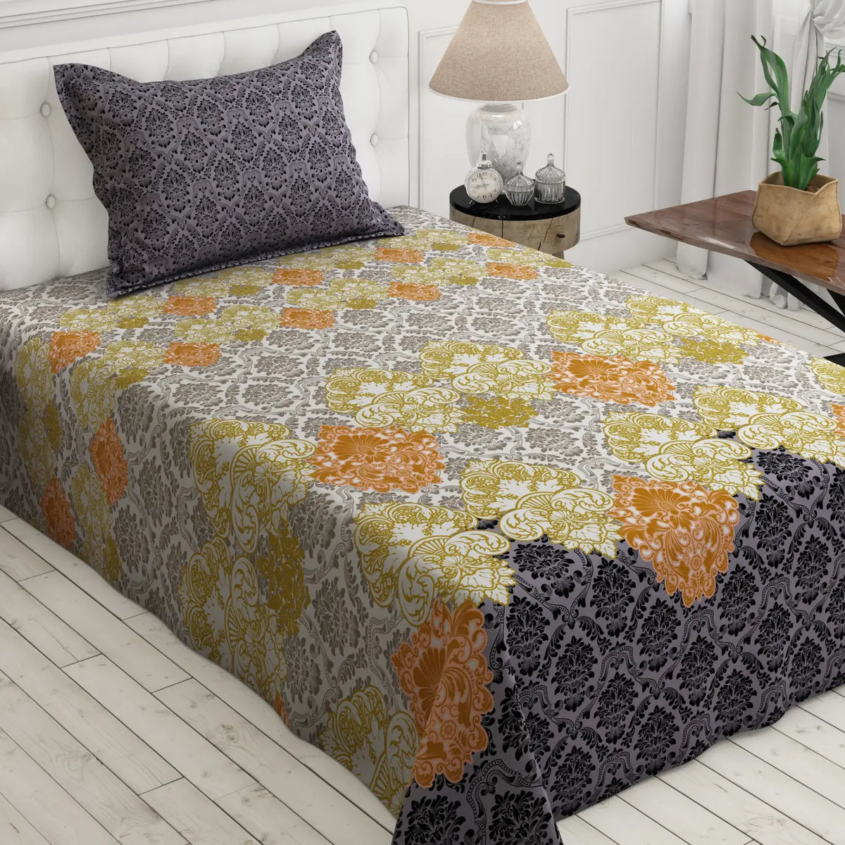 Xara Grey Damask Geometric Bed Sheet Set - 8159-8160