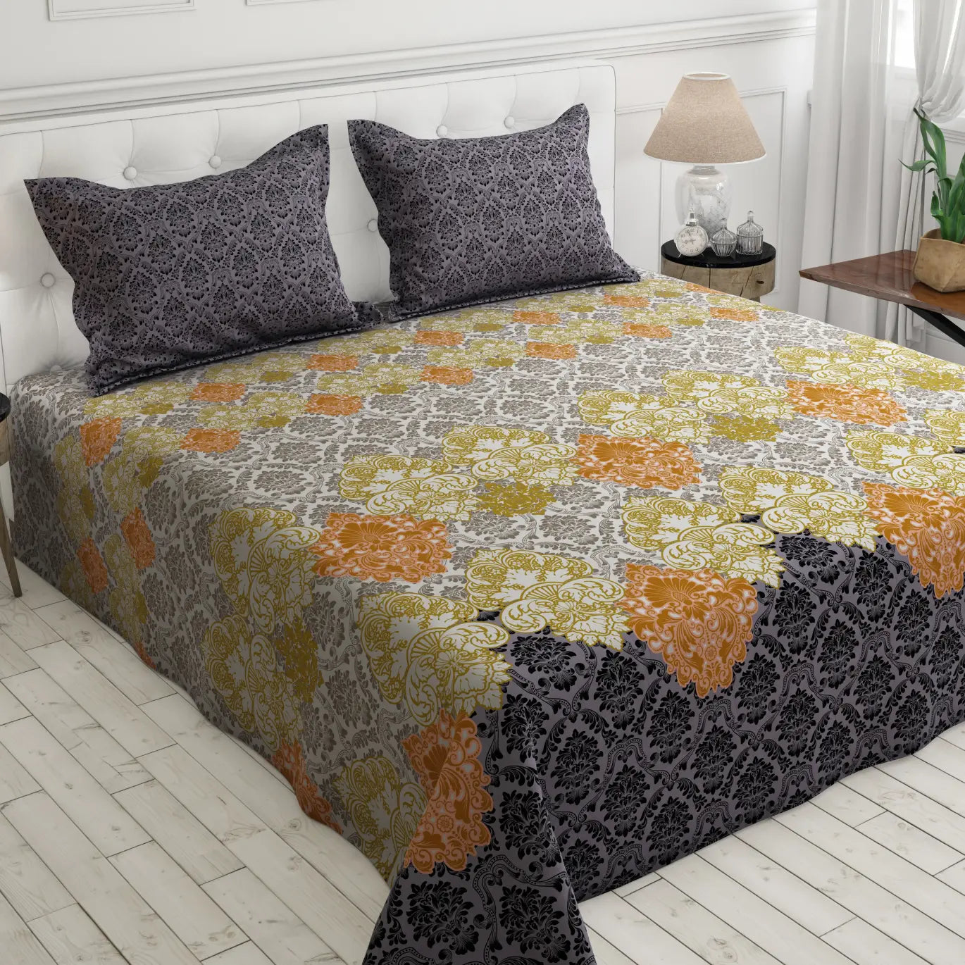 Xara Grey Damask Geometric Bed Sheet Set - 8159-8160