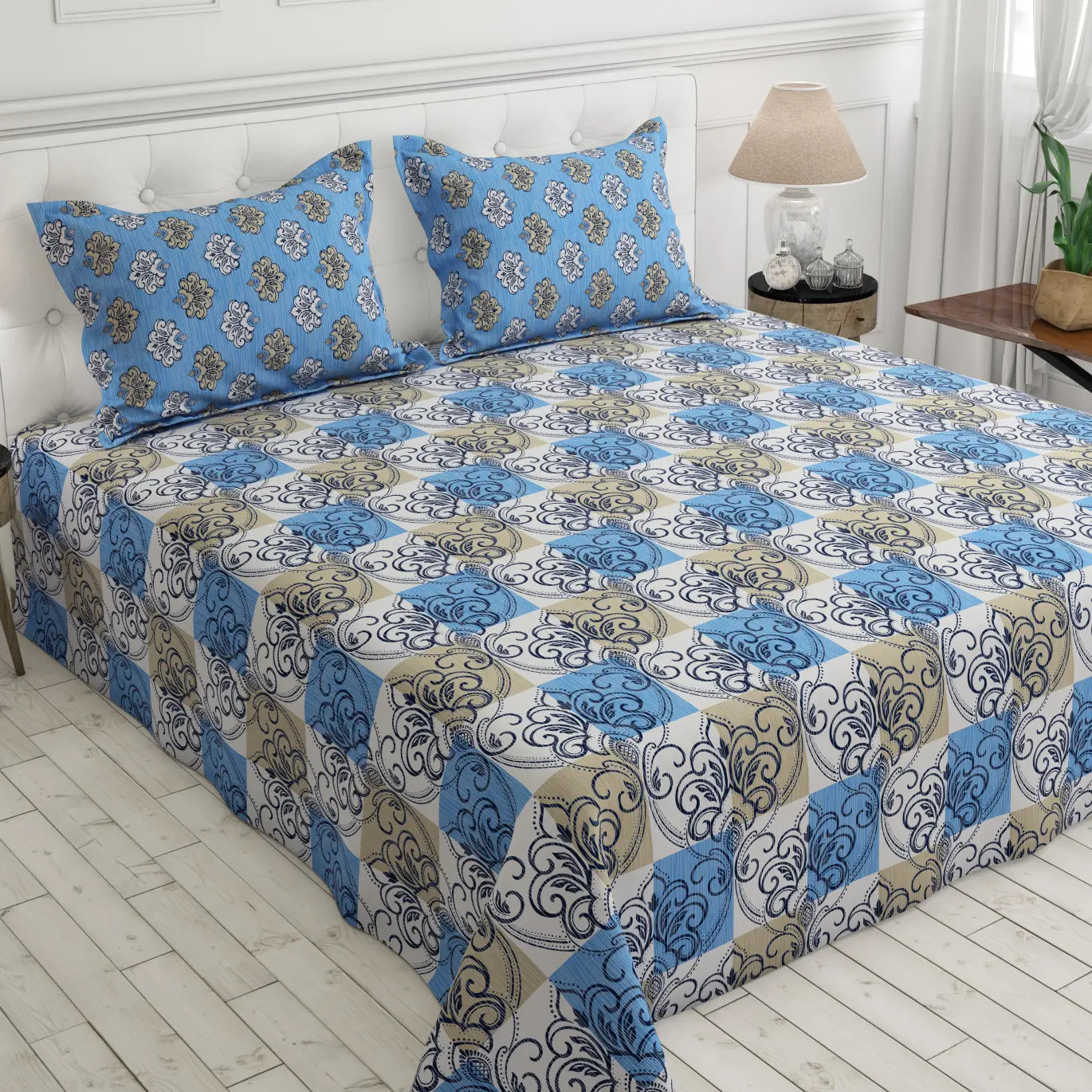 Xara Light Blue/Grey Geometric Floral Bed Sheet Set - 8161-8162