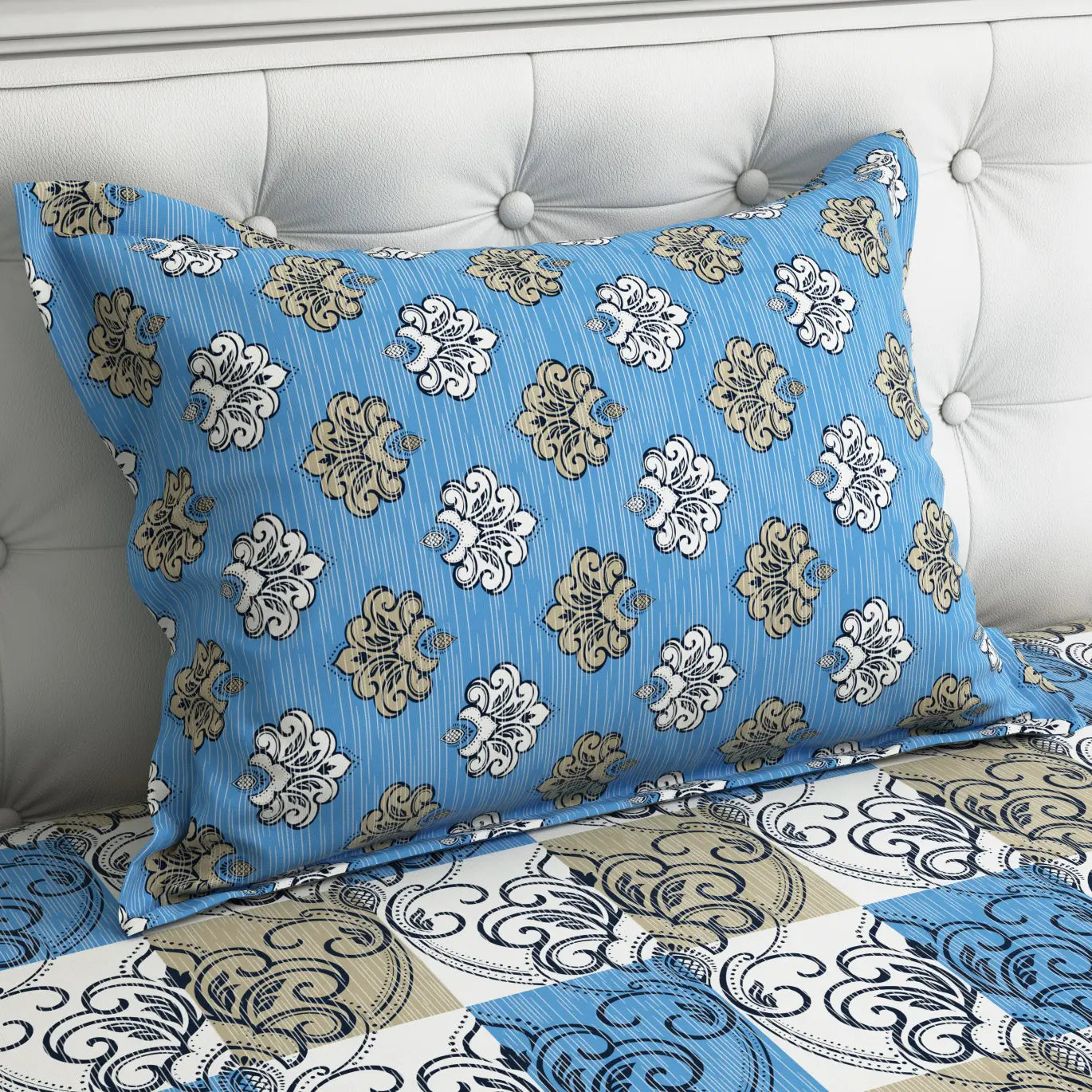 Xara Light Blue/Grey Geometric Floral Bed Sheet Set - 8161-8162