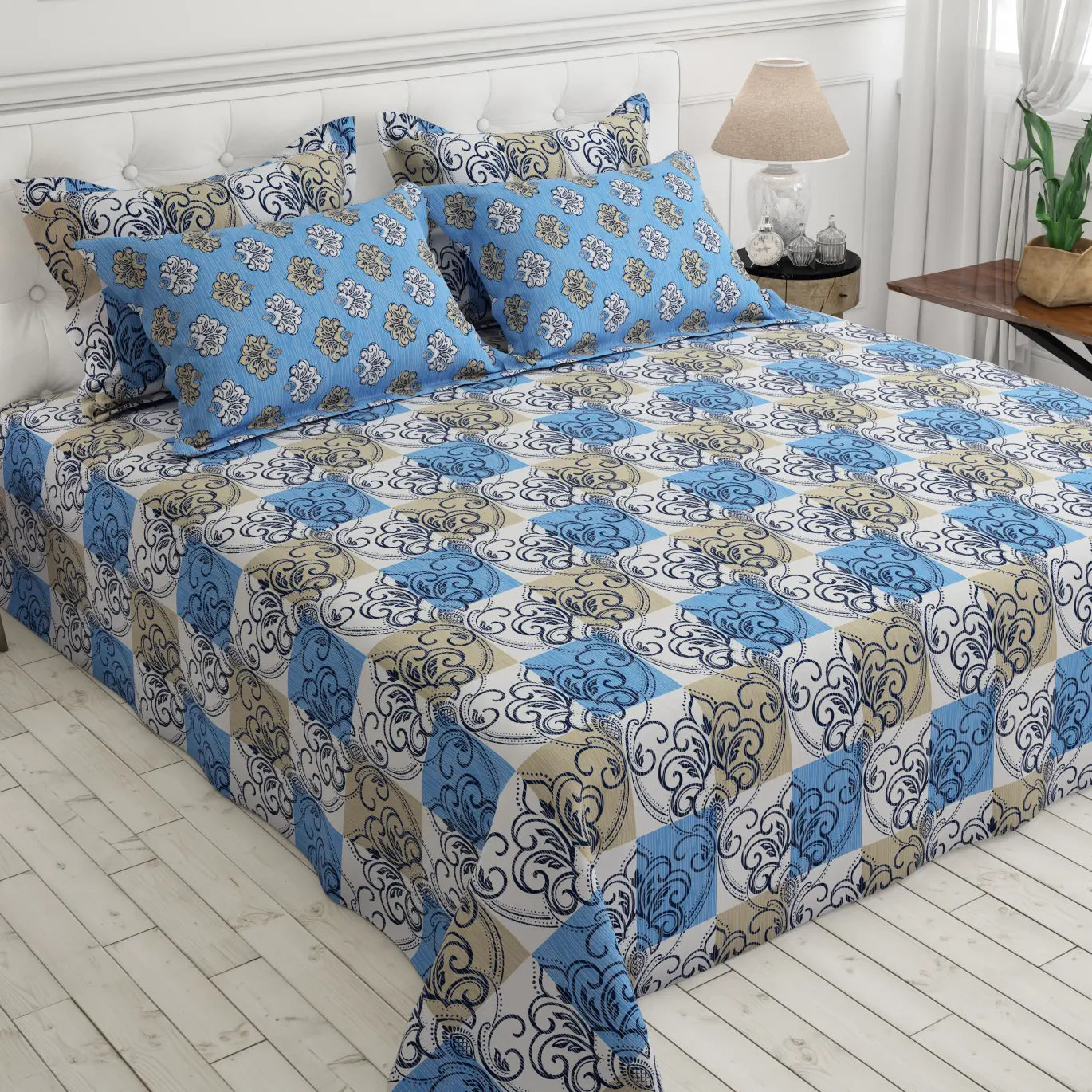 Xara Light Blue/Grey Geometric Floral Bed Sheet Set - 8161-8162