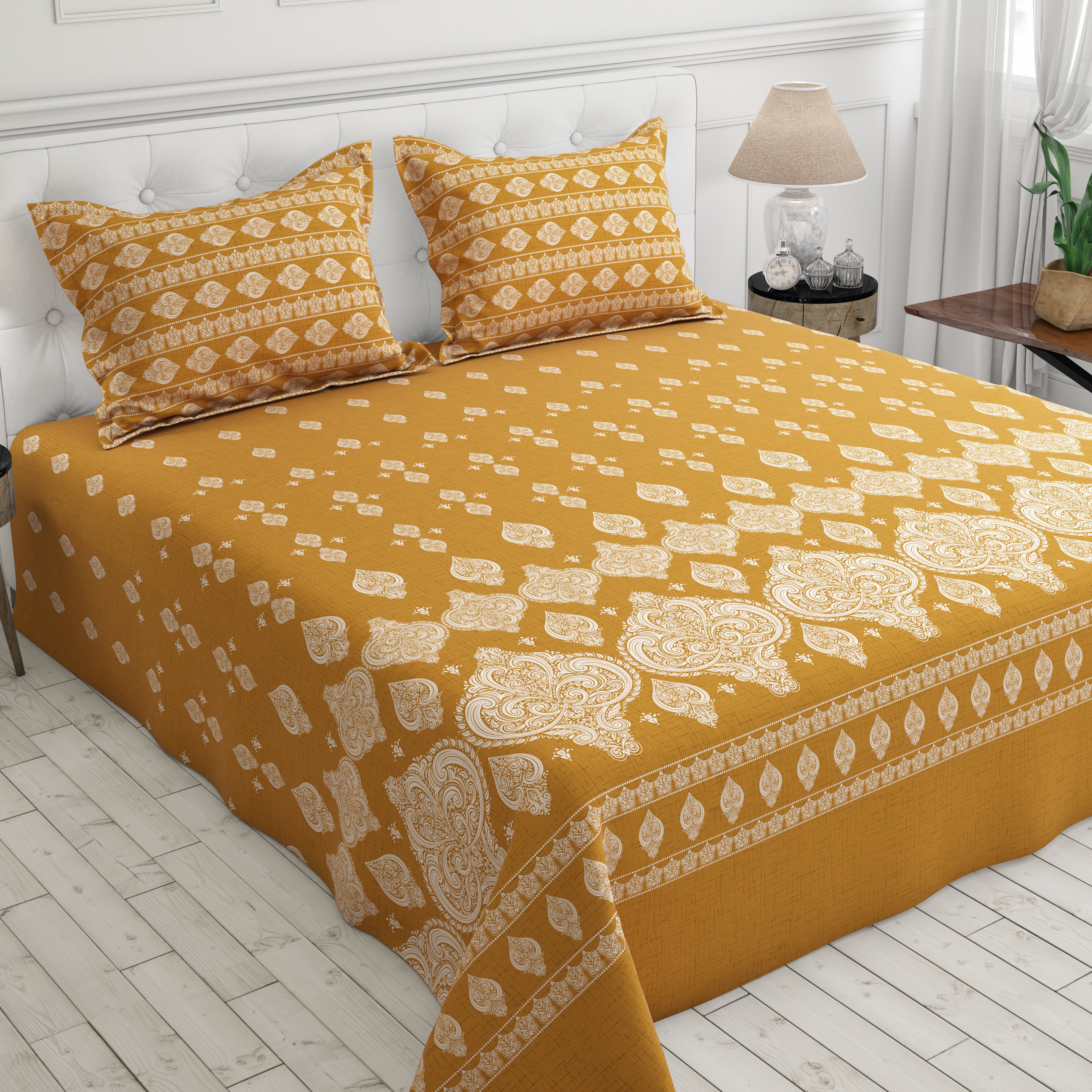 Xara Golden Paisley Damask Bed Sheet Set with Striped Border - 8163-8164