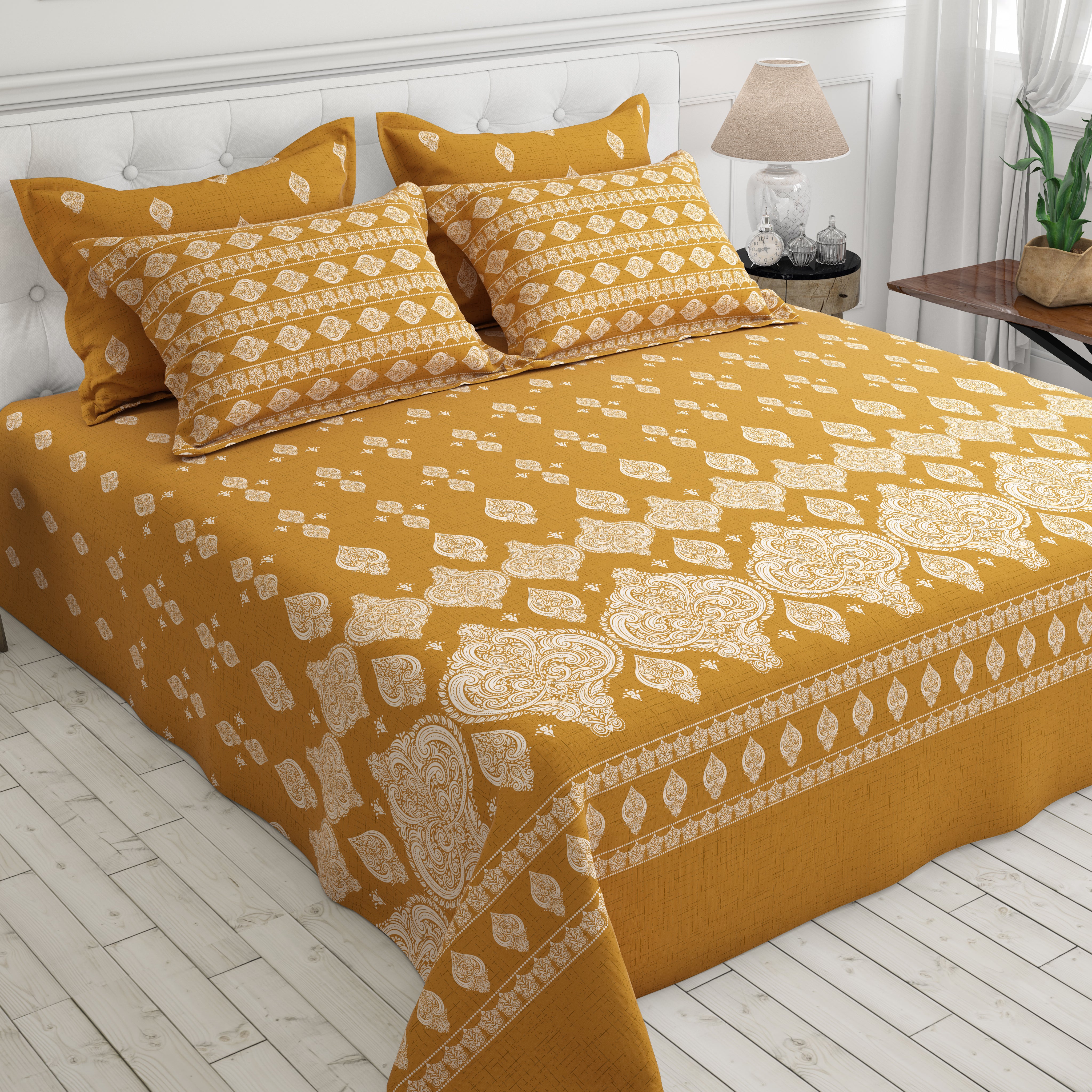 Xara Golden Paisley Damask Bed Sheet Set with Striped Border - 8163-8164