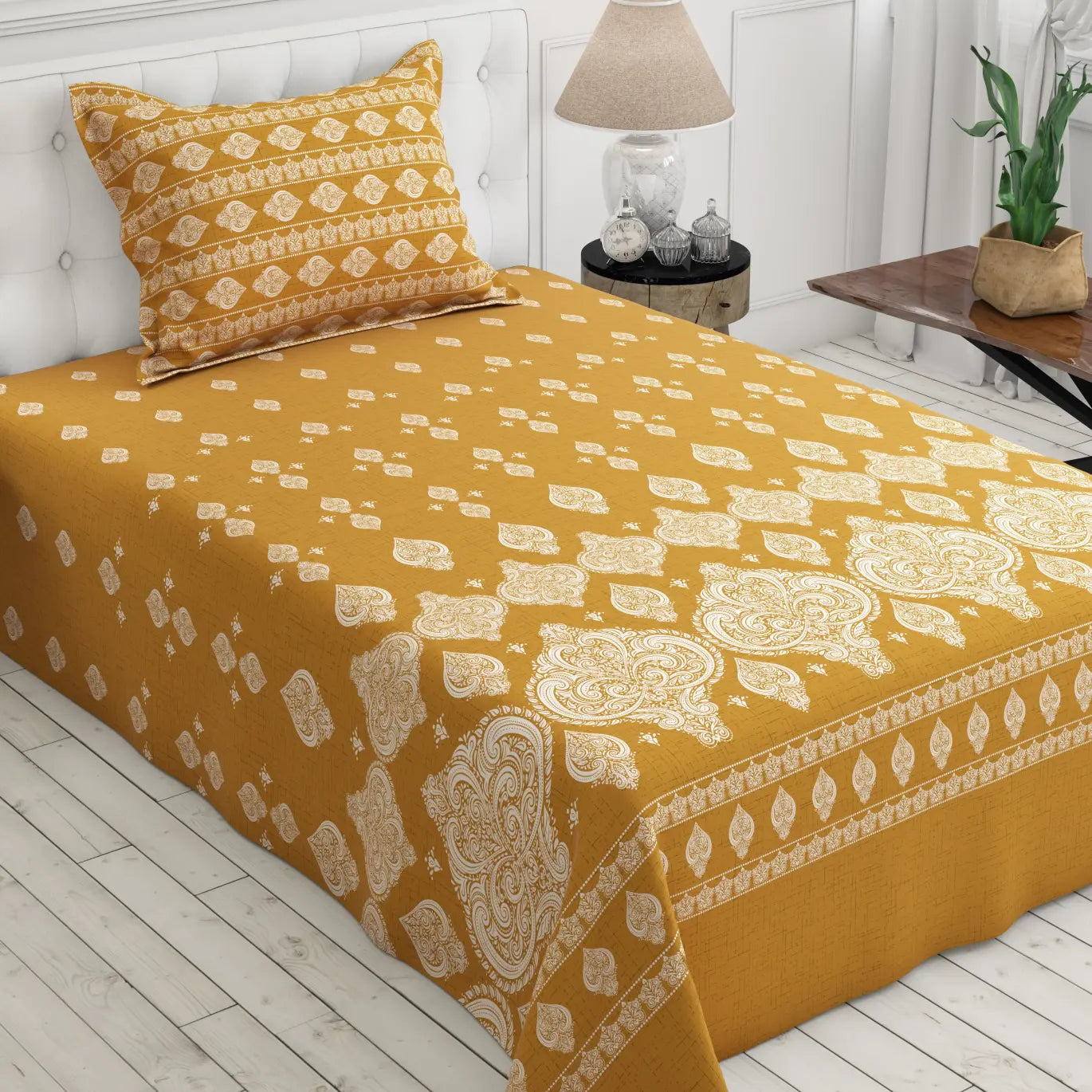 Xara Golden Paisley Damask Bed Sheet Set with Striped Border - 8163-8164