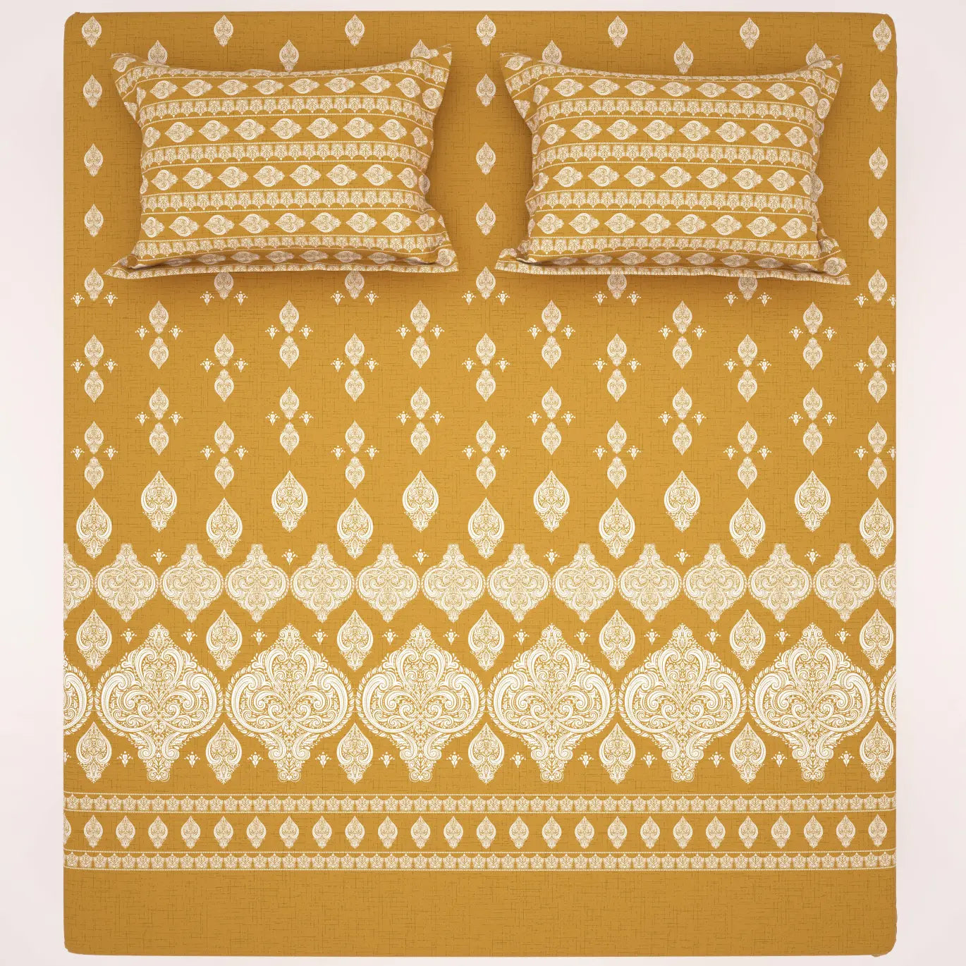 Xara Golden Paisley Damask Bed Sheet Set with Striped Border - 8163-8164