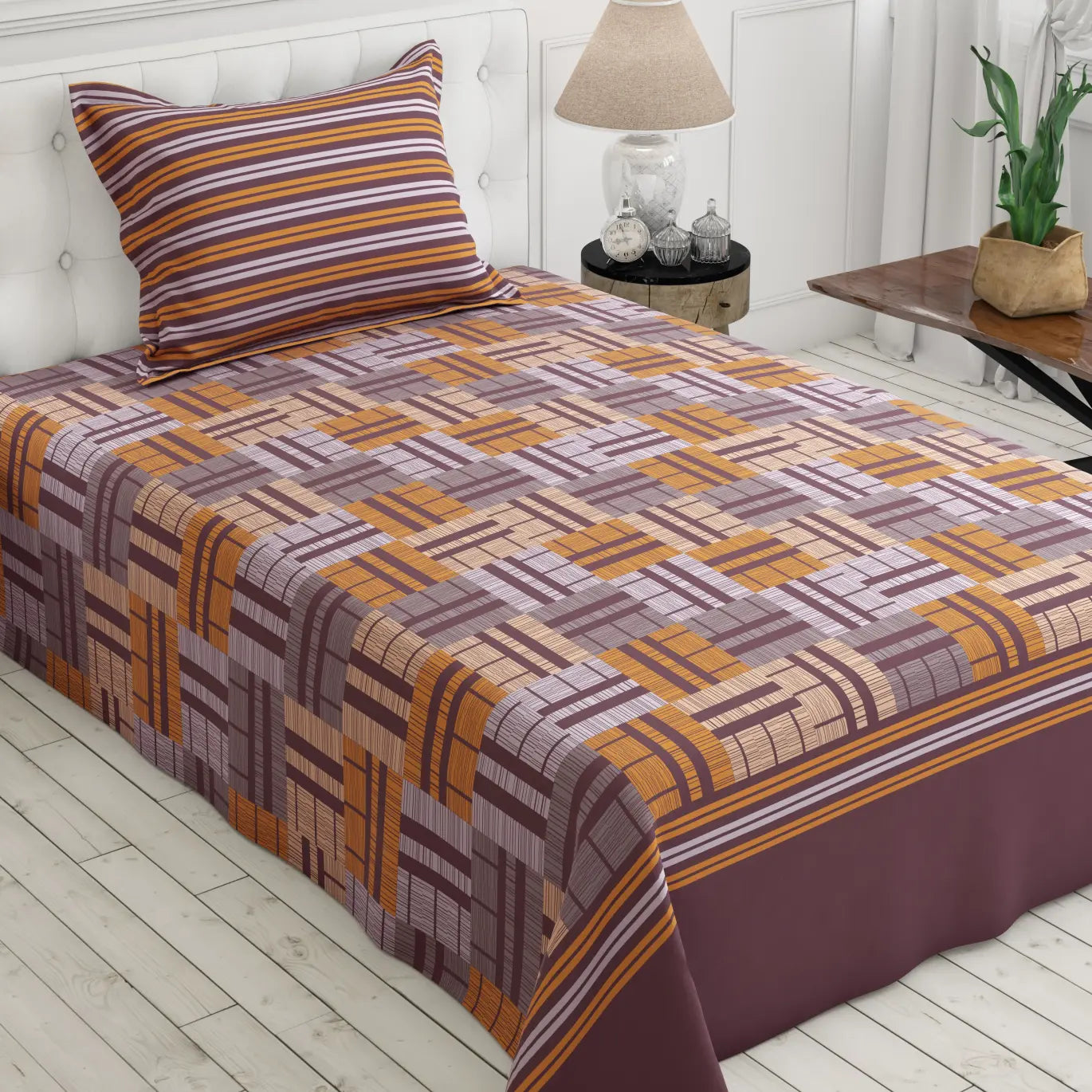 Xara Dark Mauve Geometric Bed Sheet Set with Striped Pillows - 8165-8166