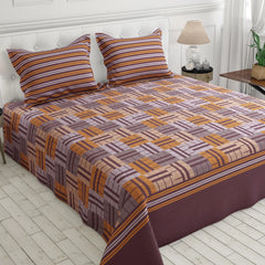 Xara Dark Mauve Geometric Bed Sheet Set with Striped Pillows - 8165-8166