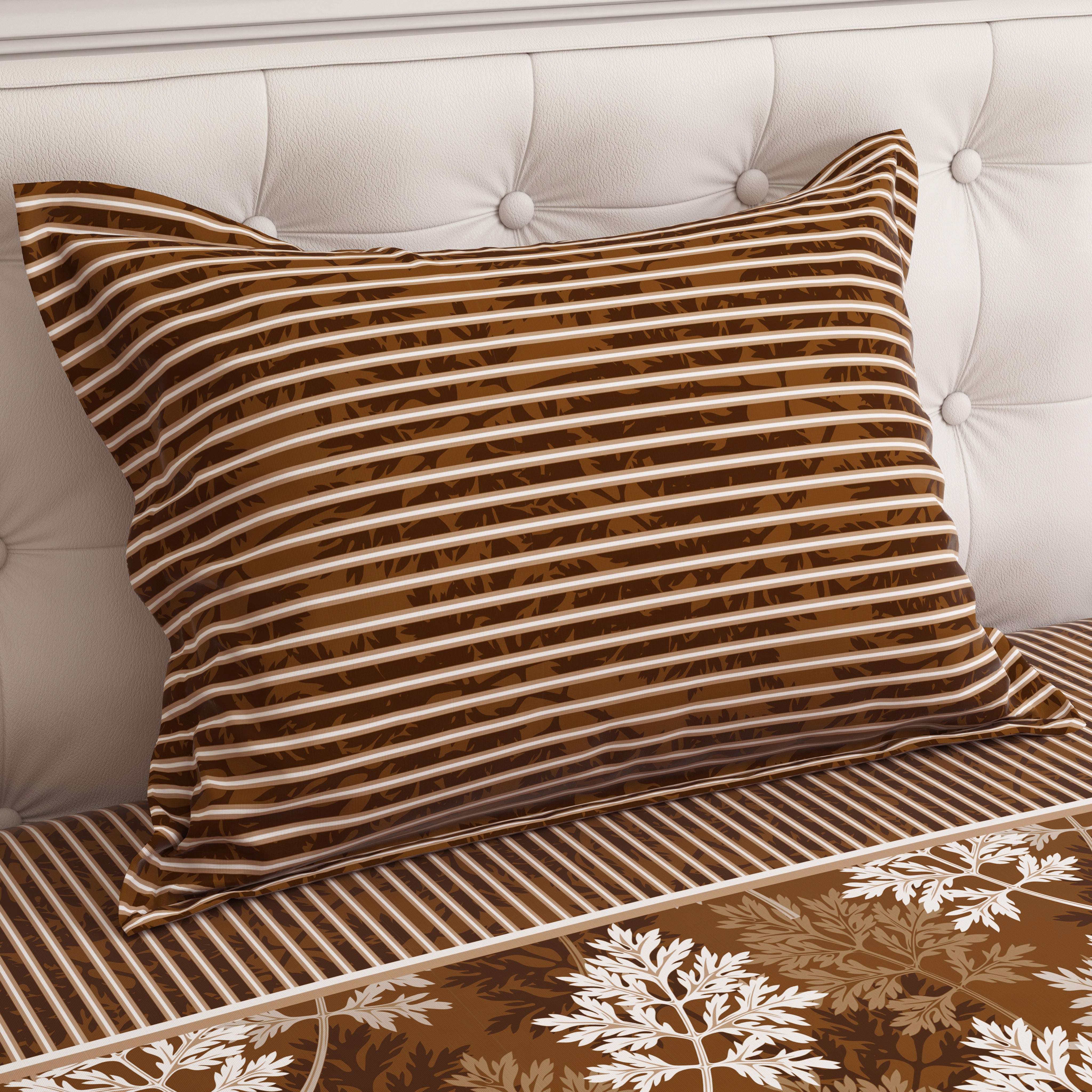 Xara Brown Leaf Design Bed Sheet Set with Striped Pillows - 8189-8190