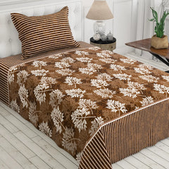 Xara Brown Leaf Design Bed Sheet Set with Striped Pillows - 8189-8190