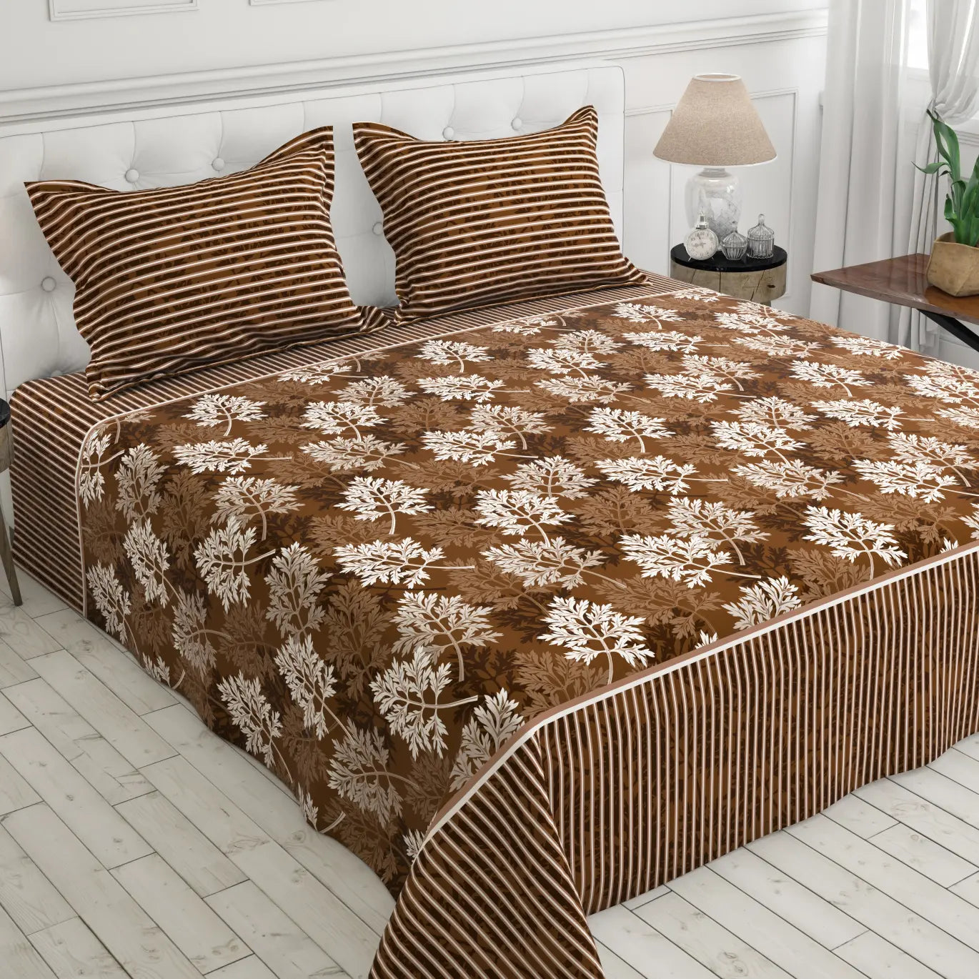 Xara Brown Leaf Design Bed Sheet Set with Striped Pillows - 8189-8190