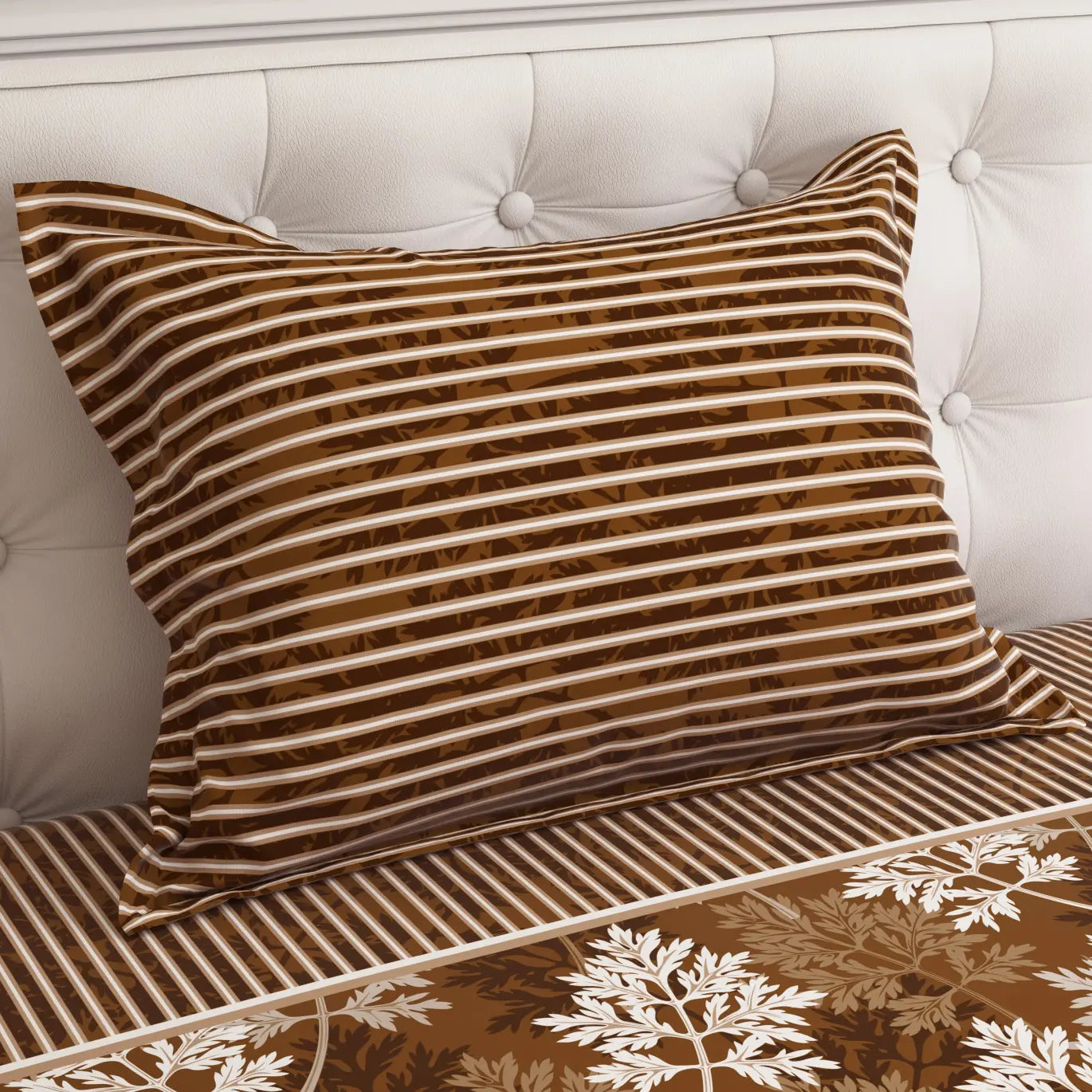 Xara Brown Leaf Design Bed Sheet Set with Striped Pillows - 8189-8190