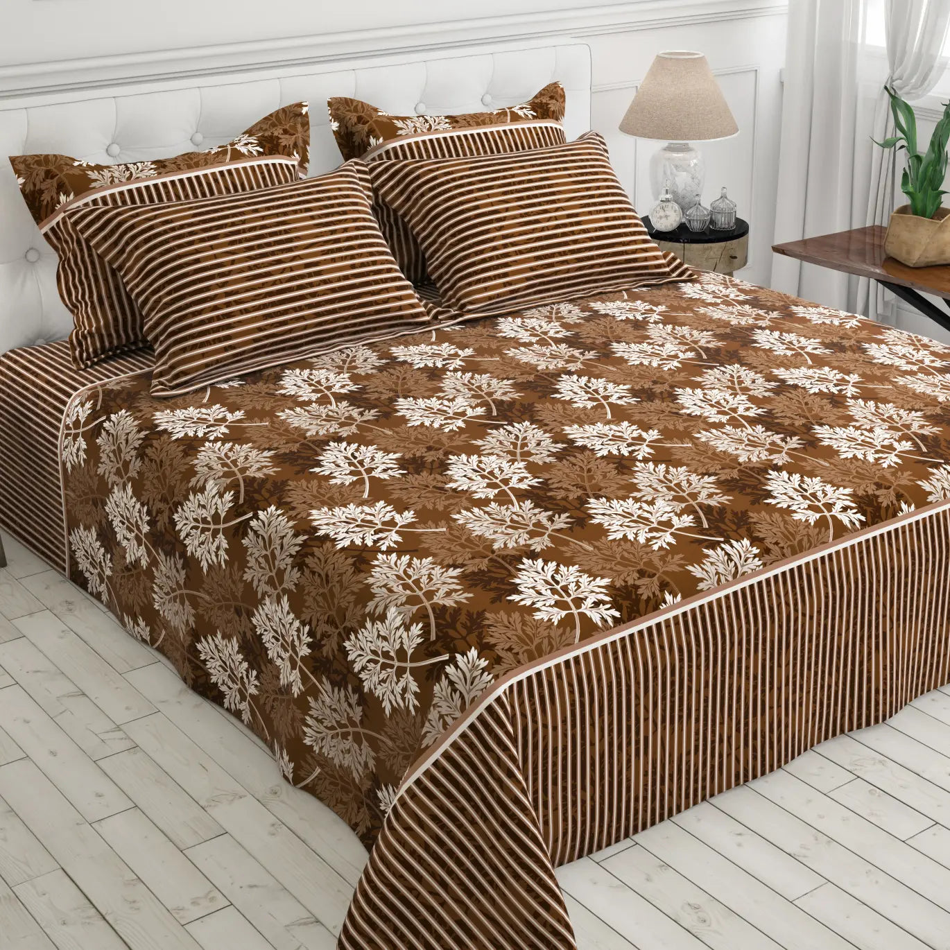 Xara Brown Leaf Design Bed Sheet Set with Striped Pillows - 8189-8190