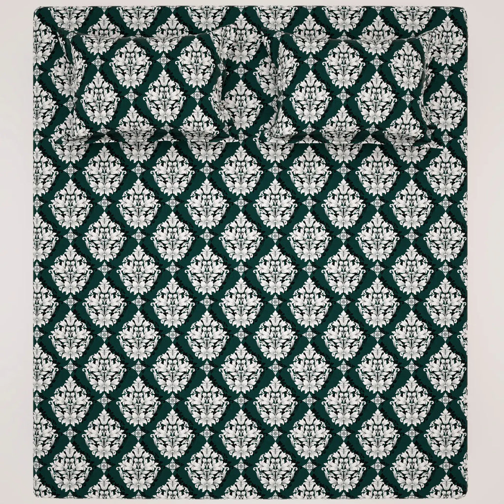 EMERALD SCROLL SATEEN BED SHEET SET
