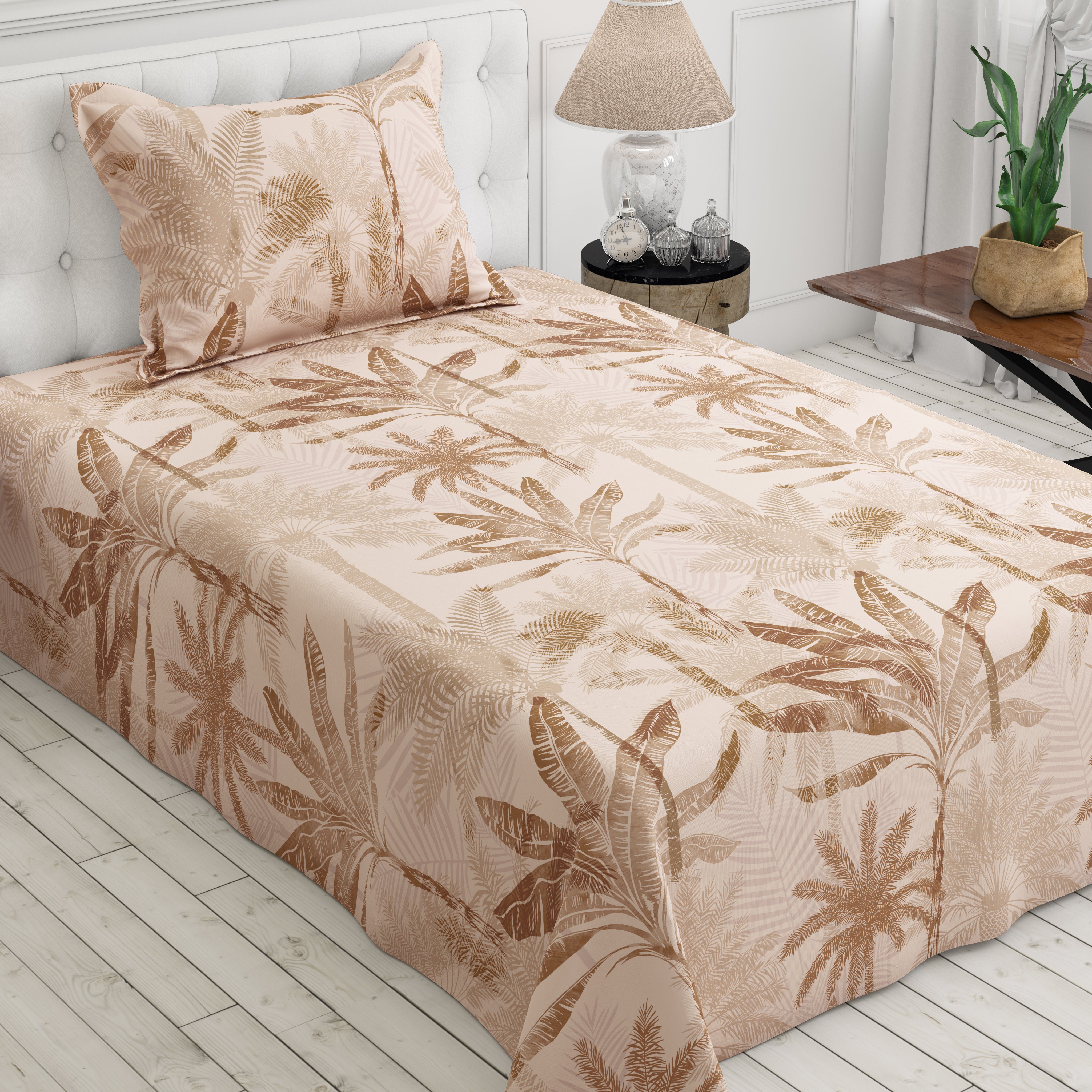 Beige Palm Tree Sateen Bed Sheet Set - 8206