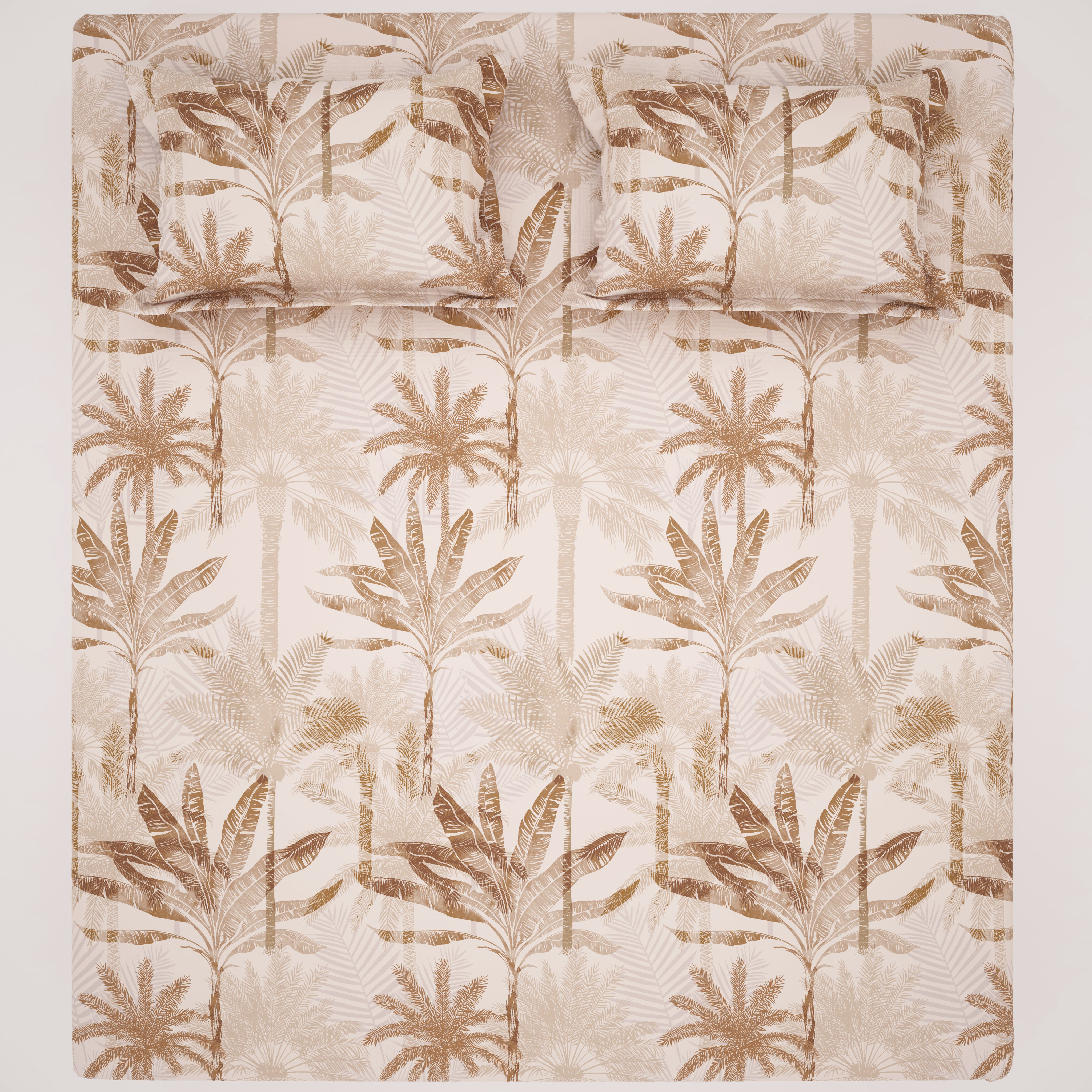 Beige Palm Tree Sateen Bed Sheet Set - 8206