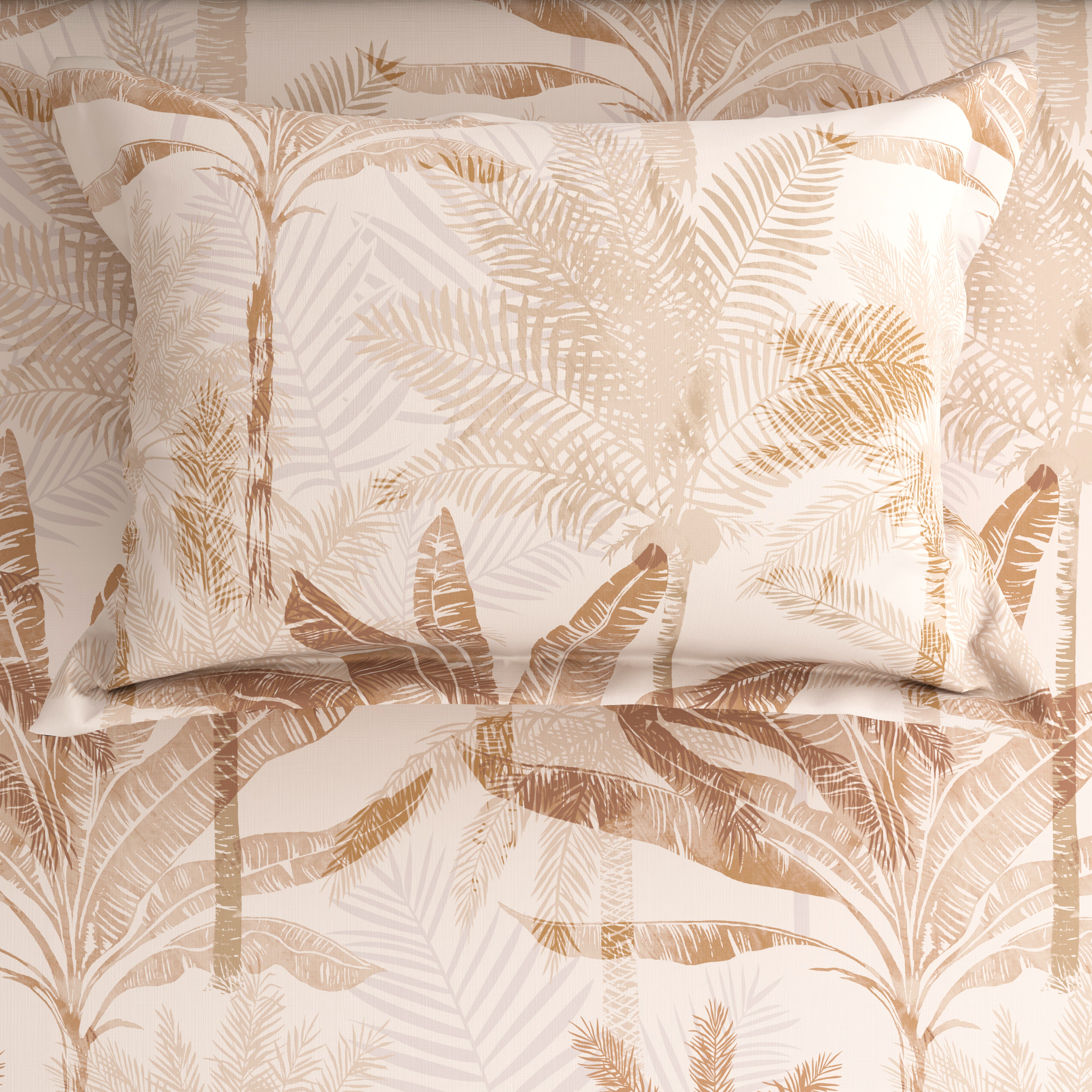 Beige Palm Tree Sateen Bed Sheet Set - 8206