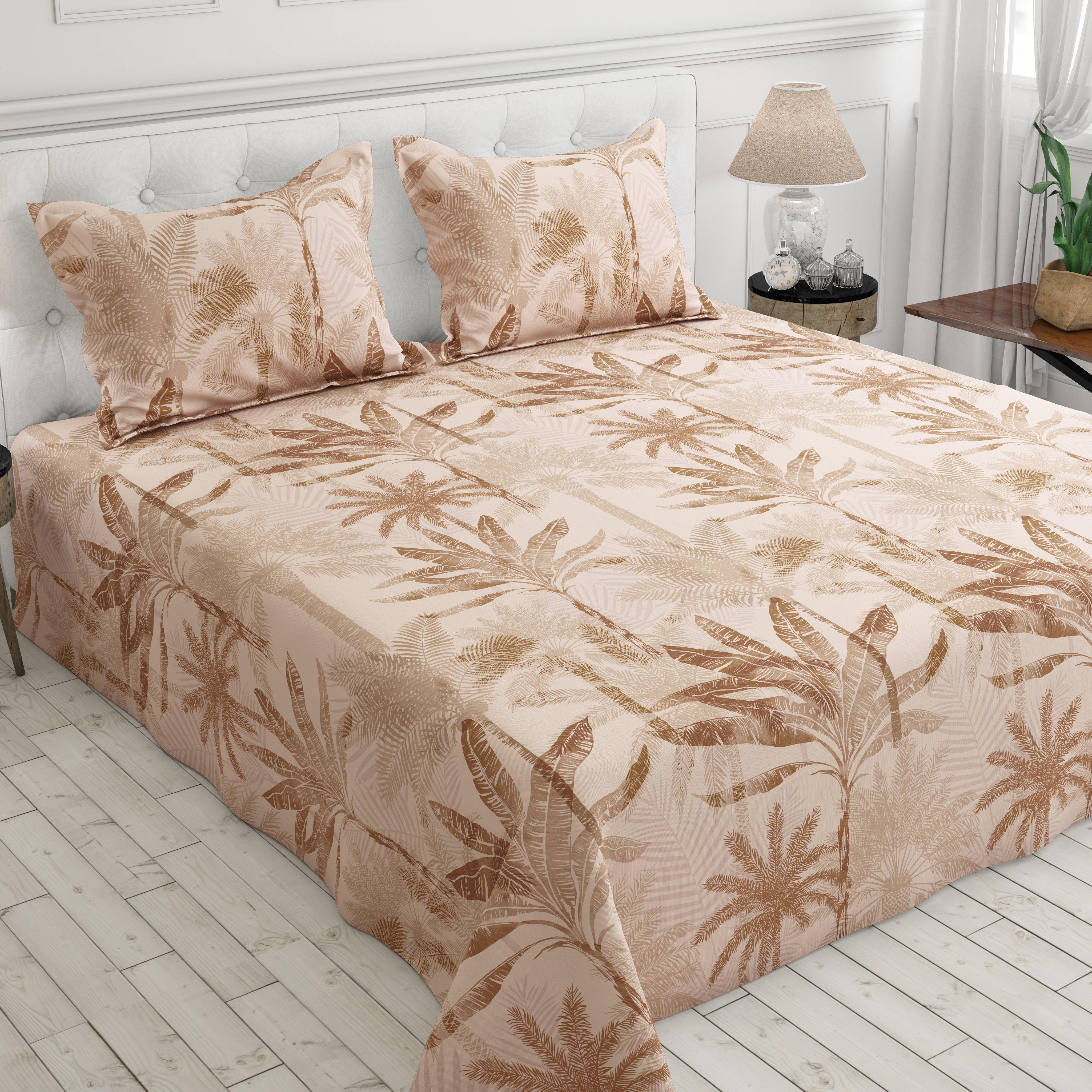 Beige Palm Tree Sateen Bed Sheet Set - 8206