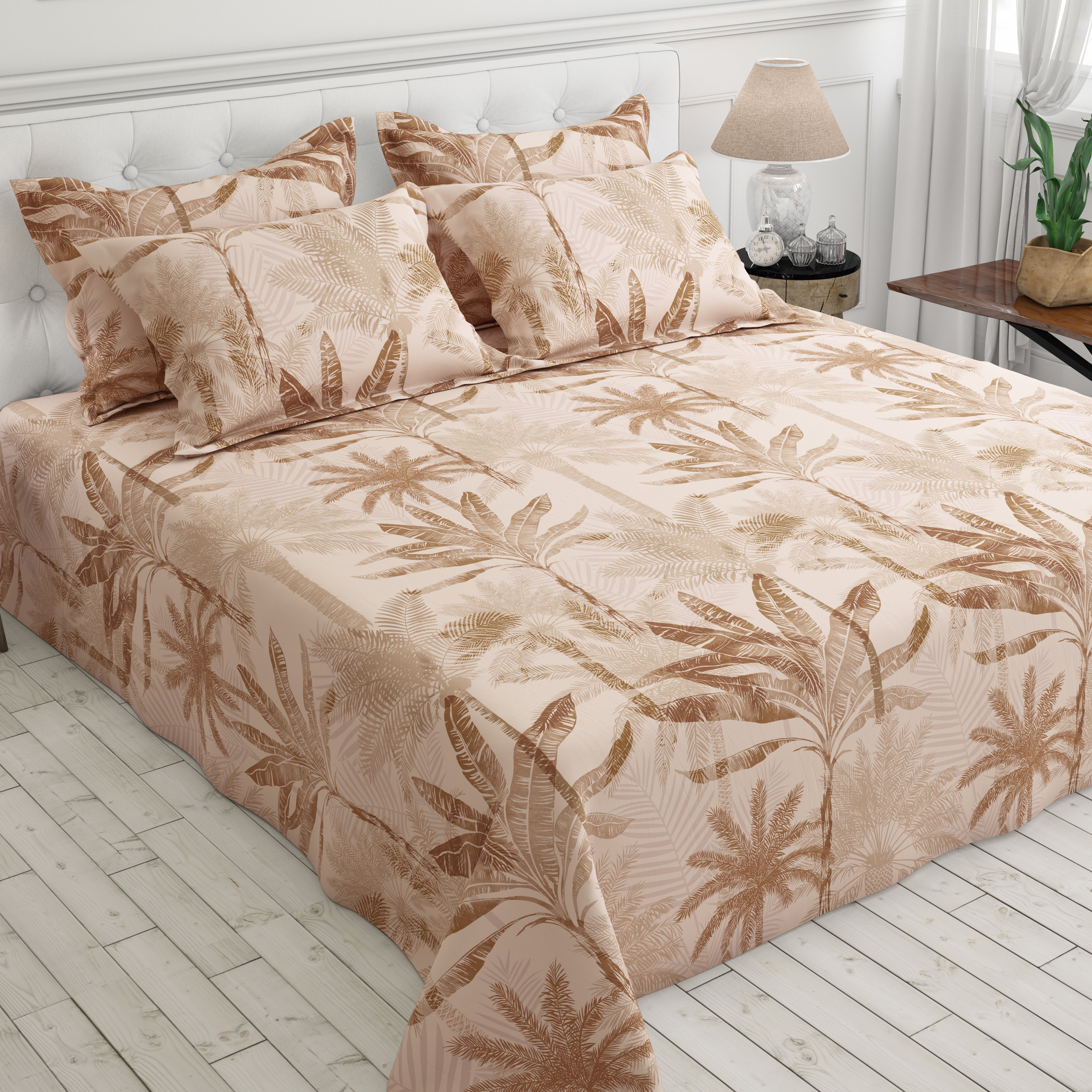 Beige Palm Tree Sateen Bed Sheet Set - 8206