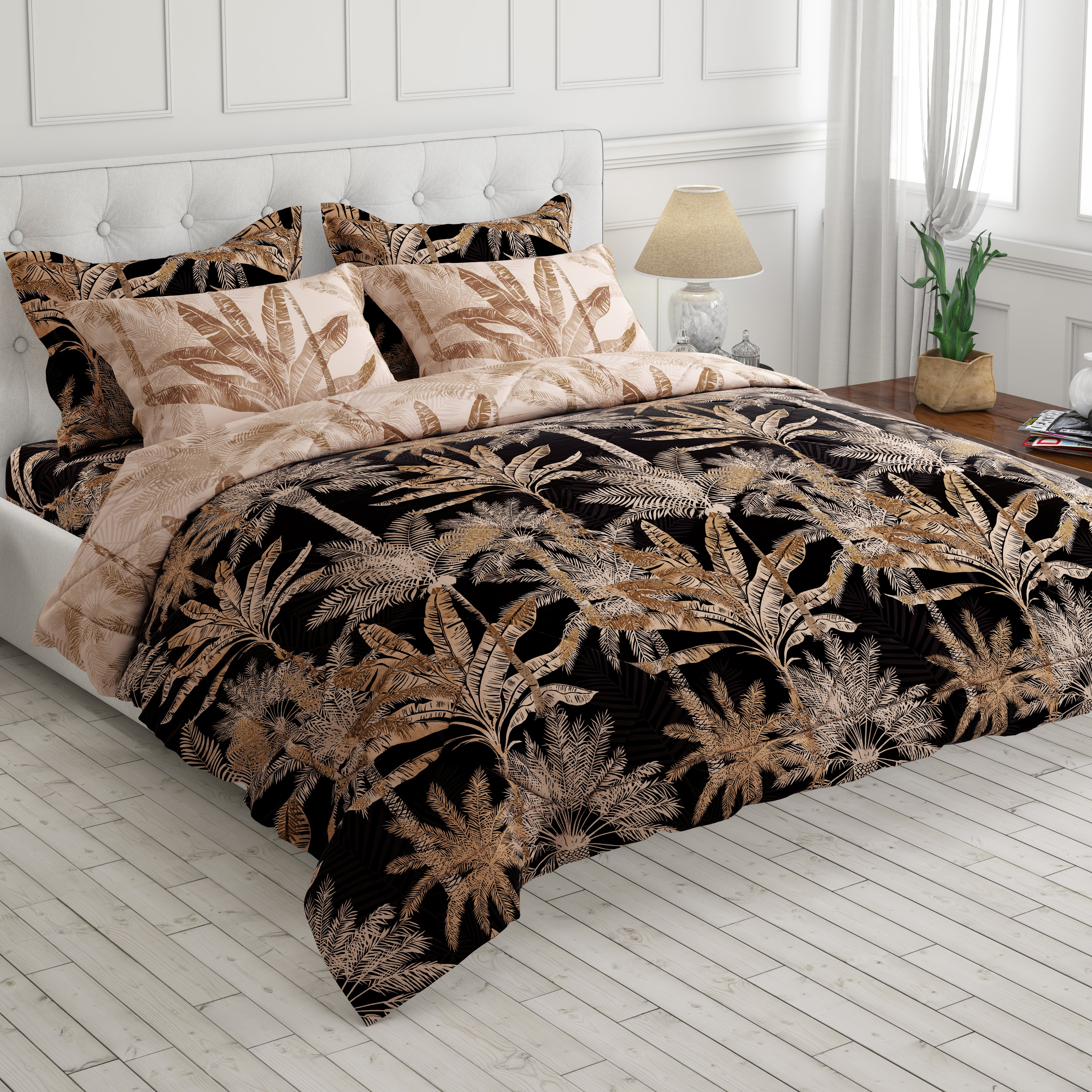 Black Palm Tree Sateen Bed Sheet Set - 8206 (FR)