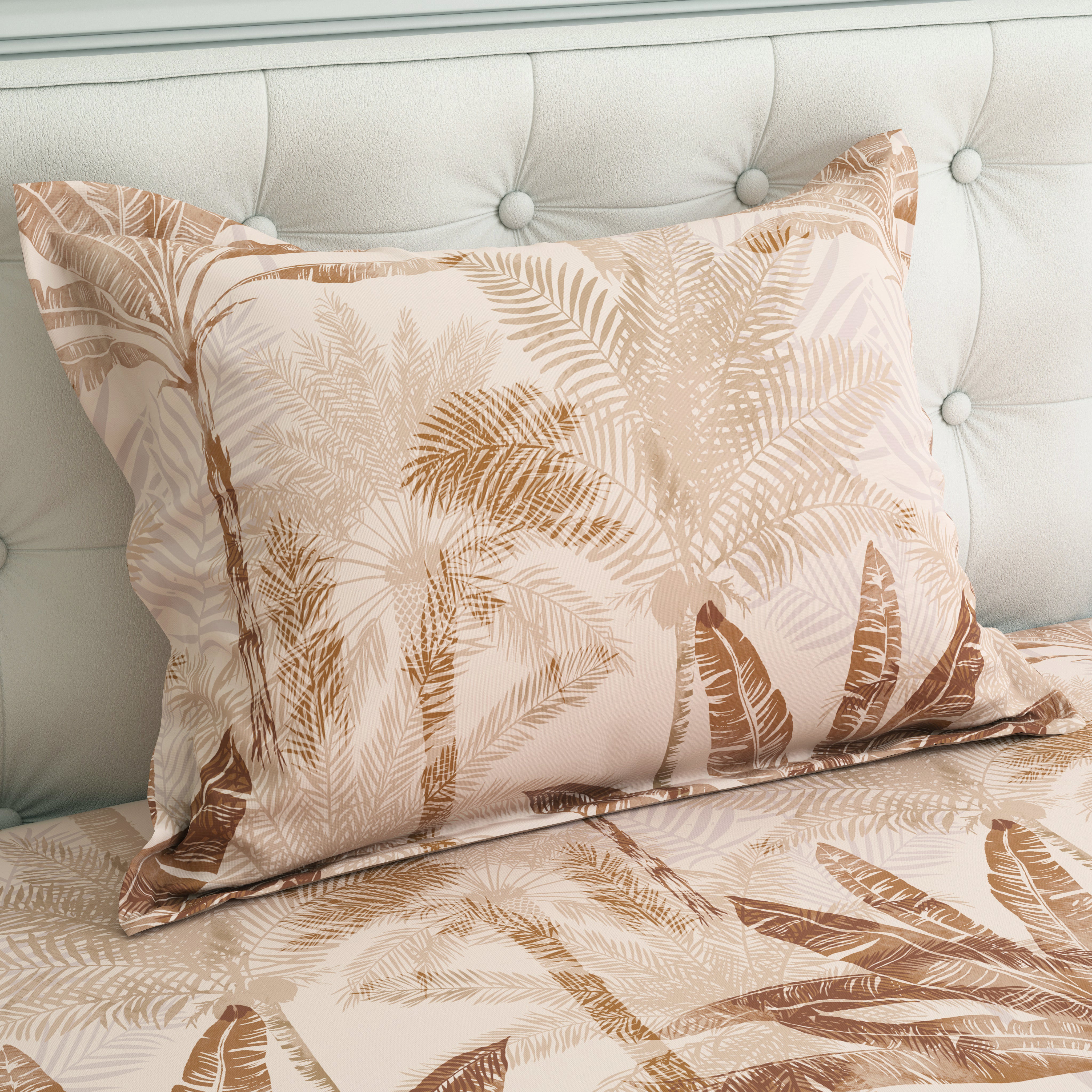 Beige Palm Tree Sateen Bed Sheet Set - 8206