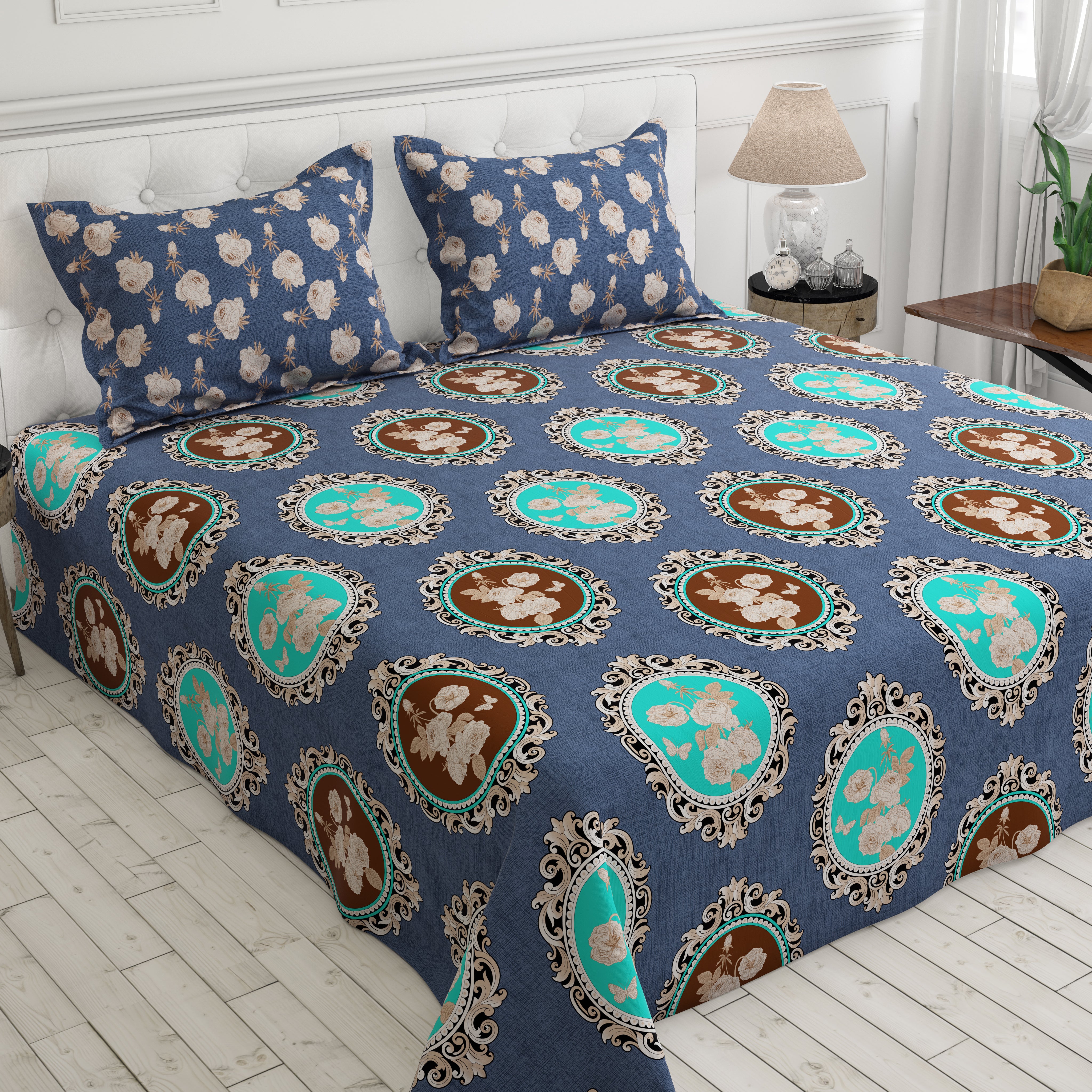 Xara Blue Floral Geometric Bed Sheet Set - 8233-8288