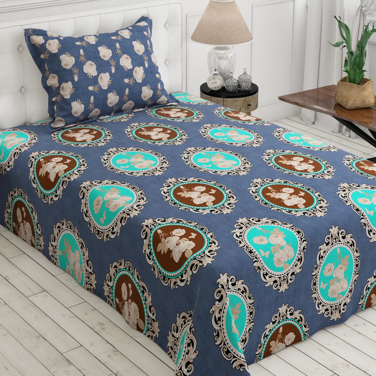 Xara Blue Floral Geometric Bed Sheet Set - 8233-8288