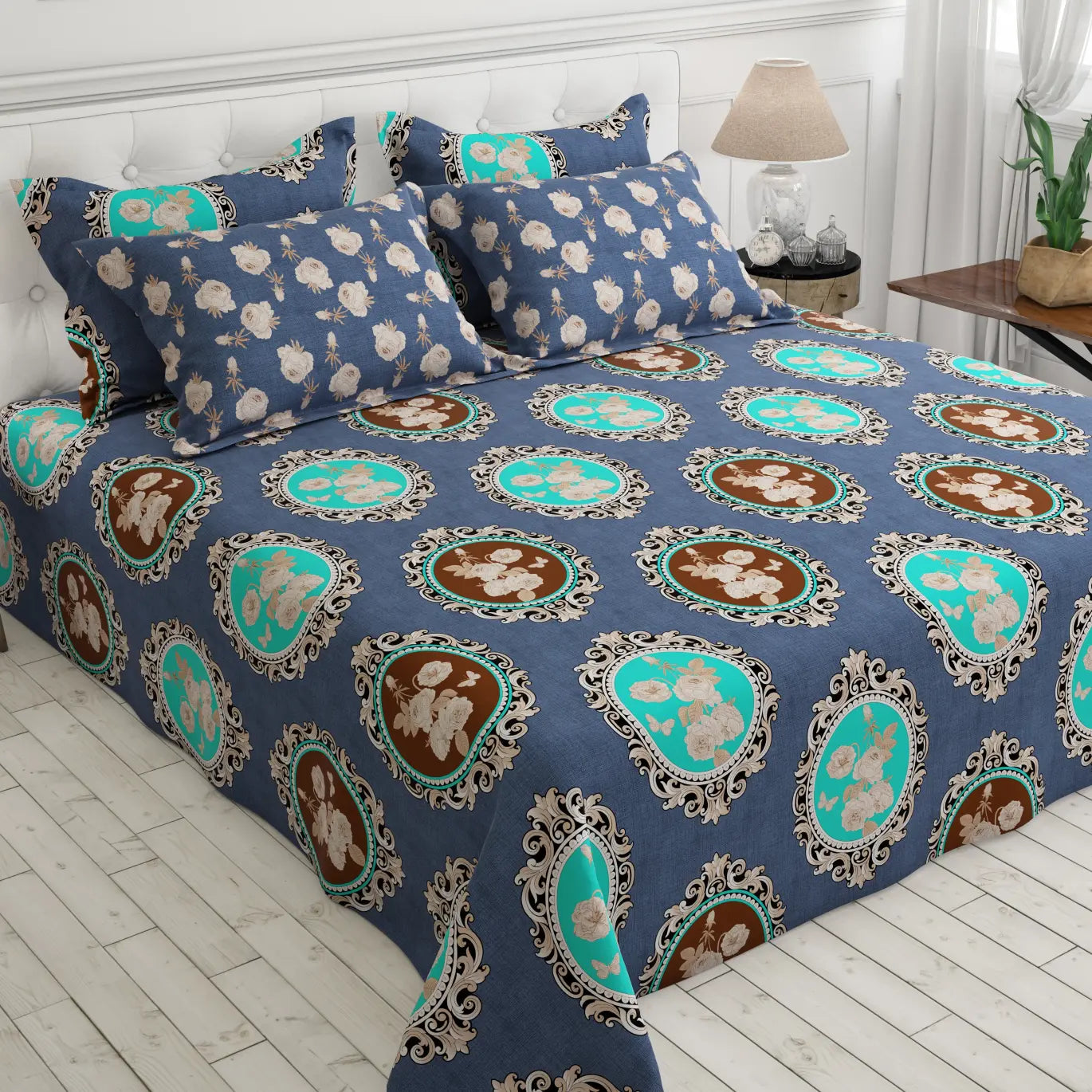 Xara Blue Floral Geometric Bed Sheet Set - 8233-8288