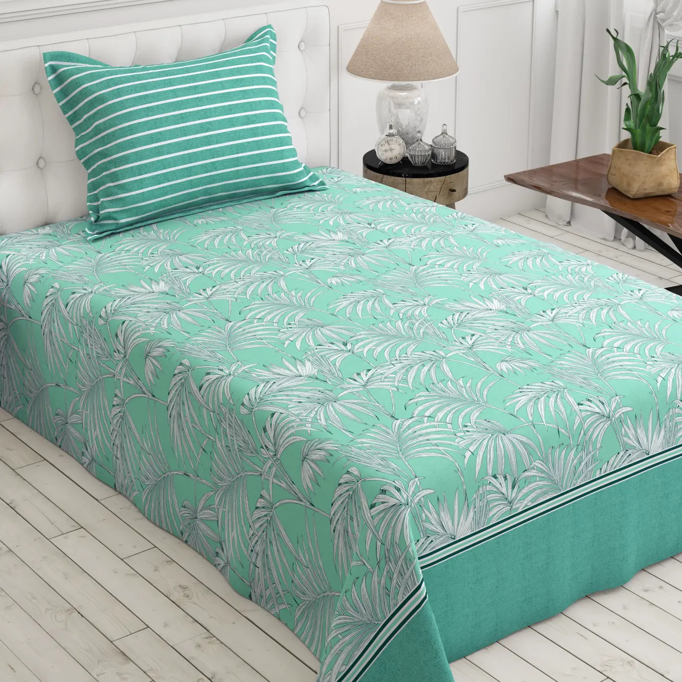 Xara Sage Green Leafy Bed Sheet Set - 8263-8264