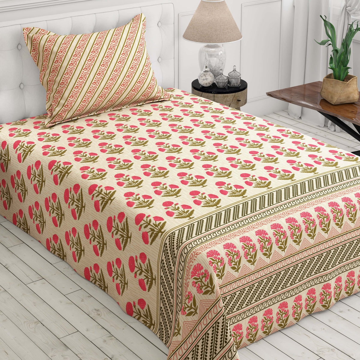 Xara Light Beige Floral Bunch Bed Sheet Set with Diagonal Lines - 8269-8270 Main image