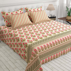 Xara Light Beige Floral Bunch Bed Sheet Set with Diagonal Lines - 8269-8270