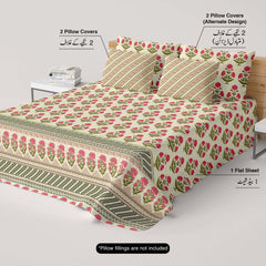 Xara Light Beige Floral Bunch Bed Sheet Set with Diagonal Lines - 8269-8270