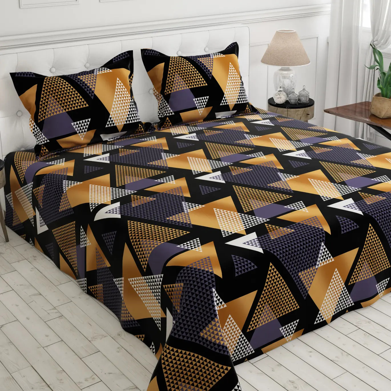 Black Geometric Sateen Bed Sheet Set - 8280