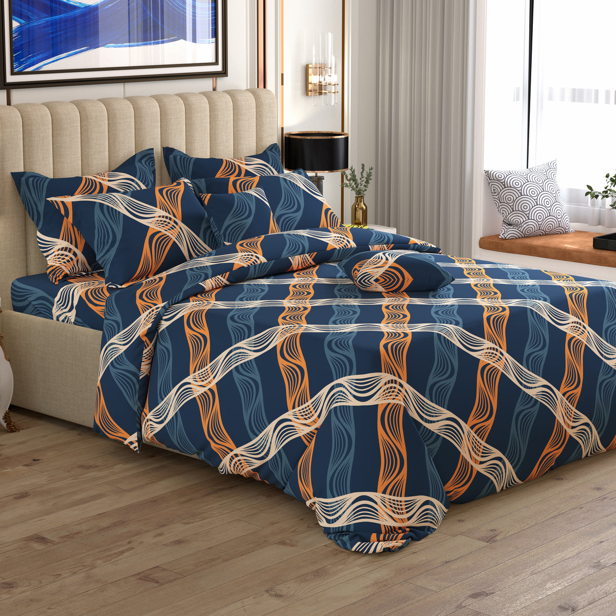 Navy Blue Wavy Stripe Geometric Sateen Quilt Cover Set - 8313