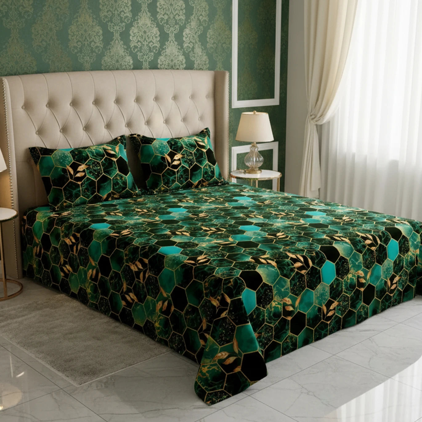 Black Hexagonal Marble Effect Bed Sheet Set with Gold Accents by Sateen - 8314