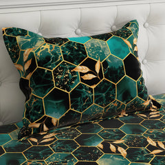 Black Hexagonal Marble Effect Bed Sheet Set with Gold Accents by Sateen - 8314