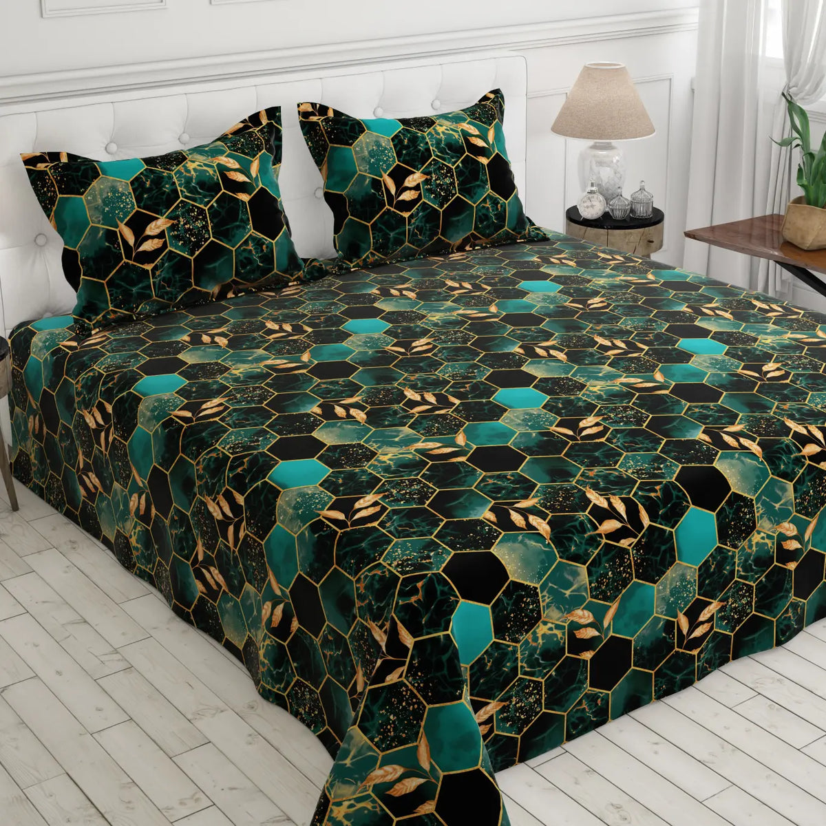 Black Hexagonal Marble Effect Bed Sheet Set with Gold Accents by Sateen - 8314