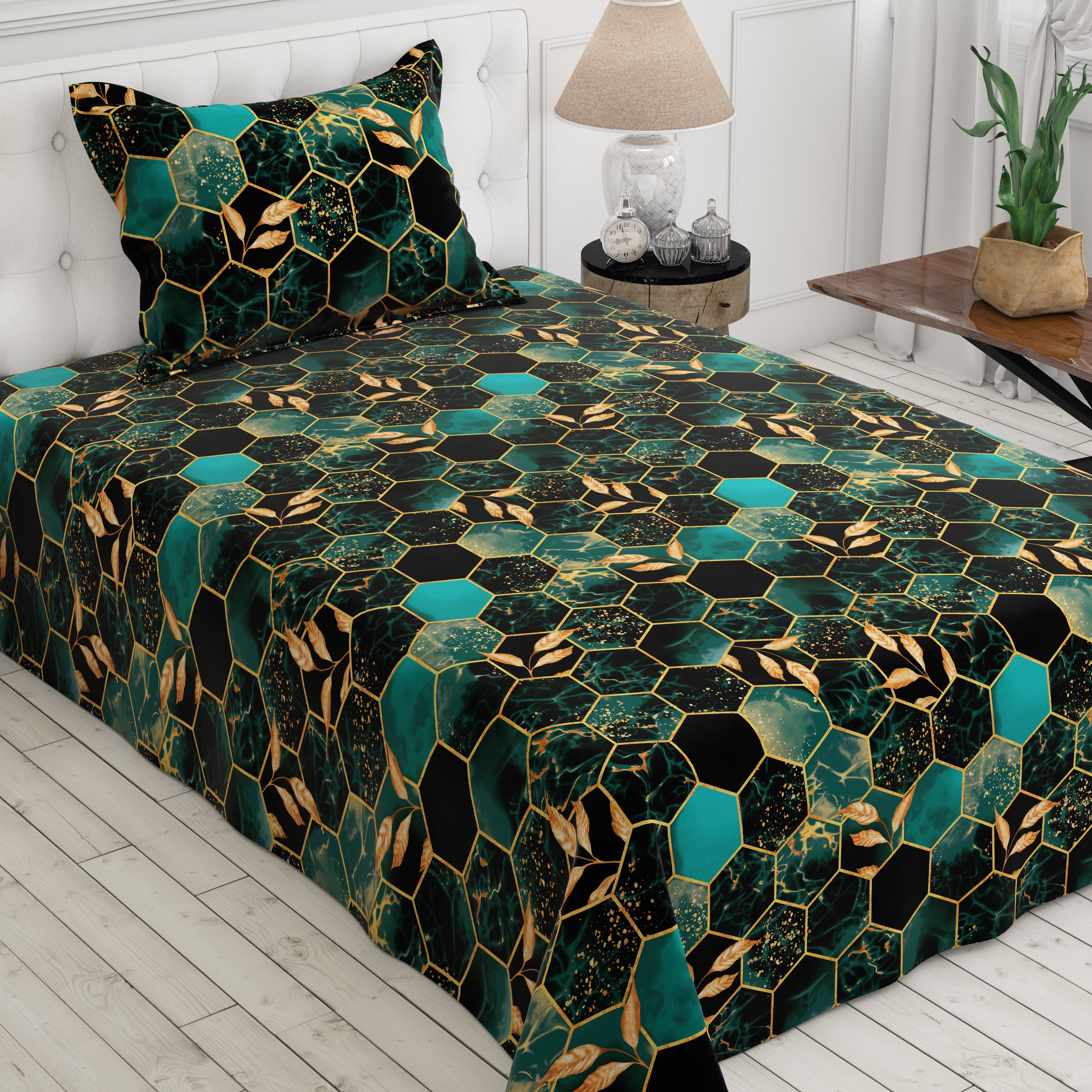 Black Hexagonal Marble Effect Bed Sheet Set with Gold Accents by Sateen - 8314