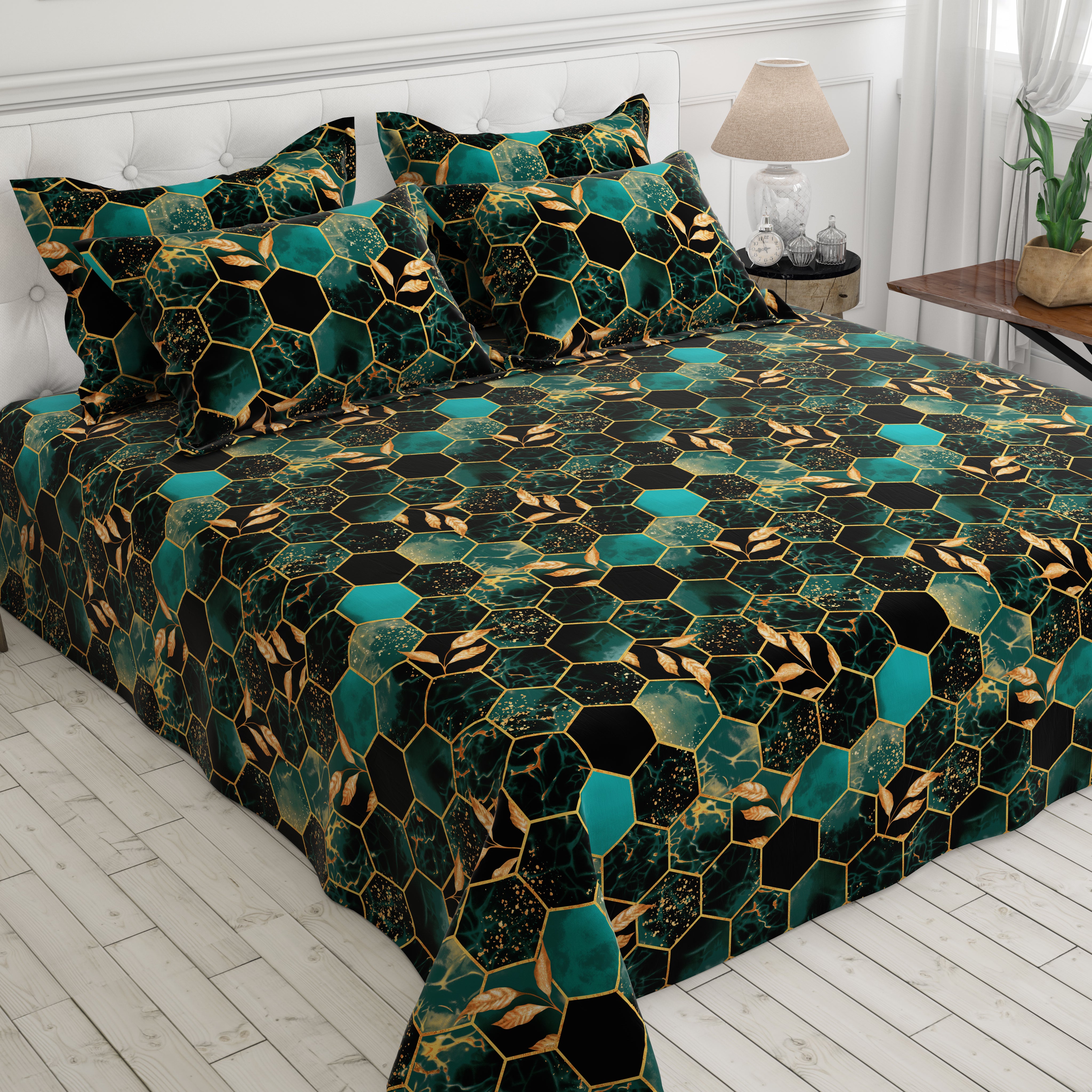 Black Hexagonal Marble Effect Bed Sheet Set with Gold Accents by Sateen - 8314