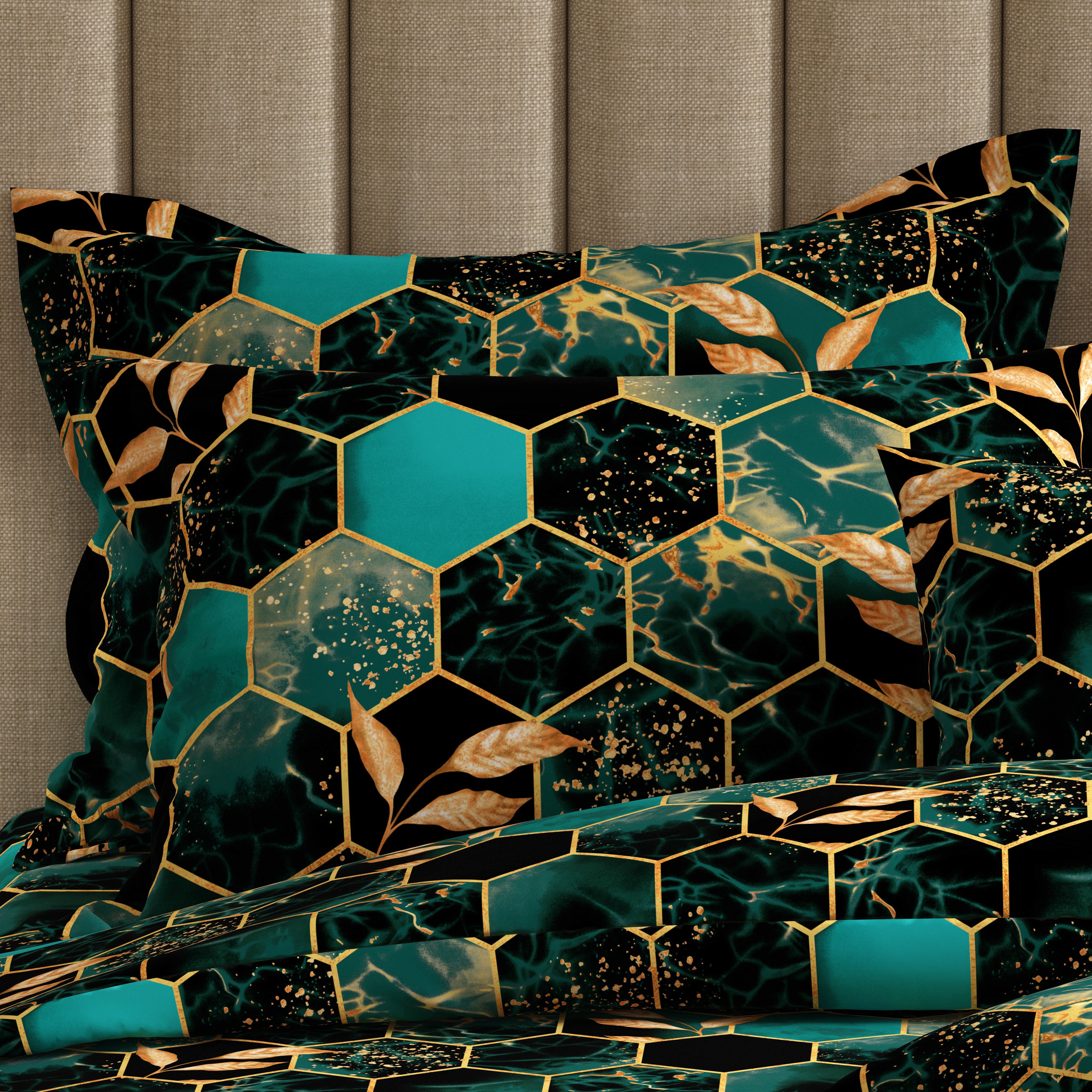 Teal Dark Green Hexagonal Tile Marble Effect Quilt Cover Set Sateen - 8314