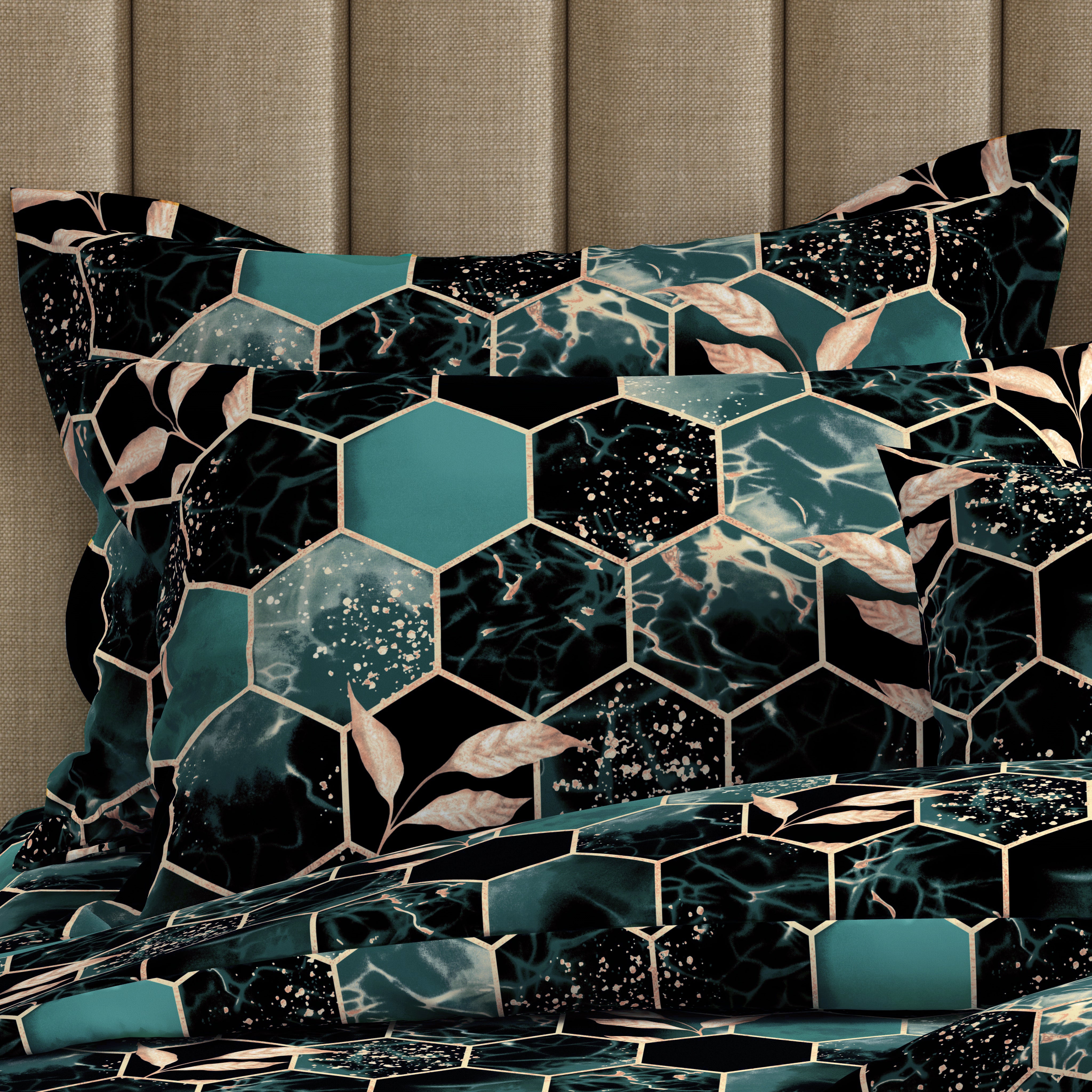 Teal Dark Green Hexagonal Tile Marble Effect Quilt Cover Set Sateen - 8314