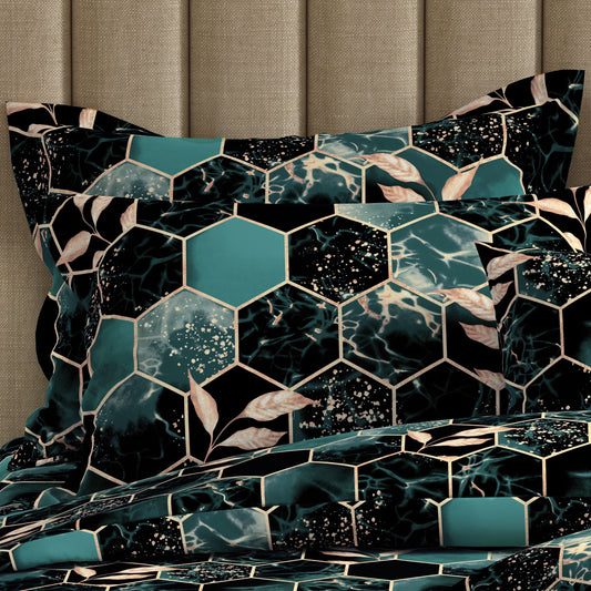 Teal Dark Green Hexagonal Tile Marble Effect Quilt Cover Set Sateen - 8314