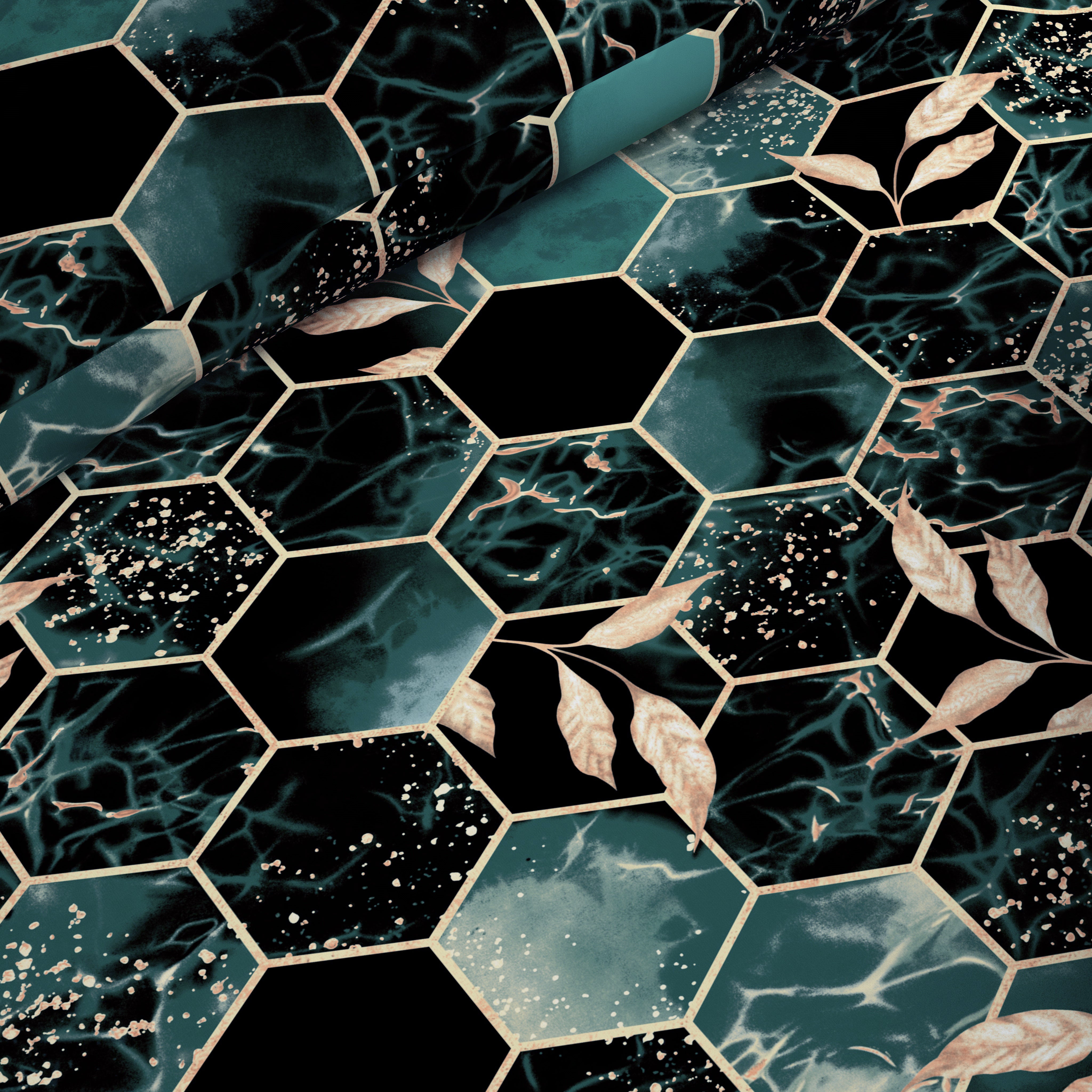 Teal Dark Green Hexagonal Tile Marble Effect Quilt Cover Set Sateen - 8314